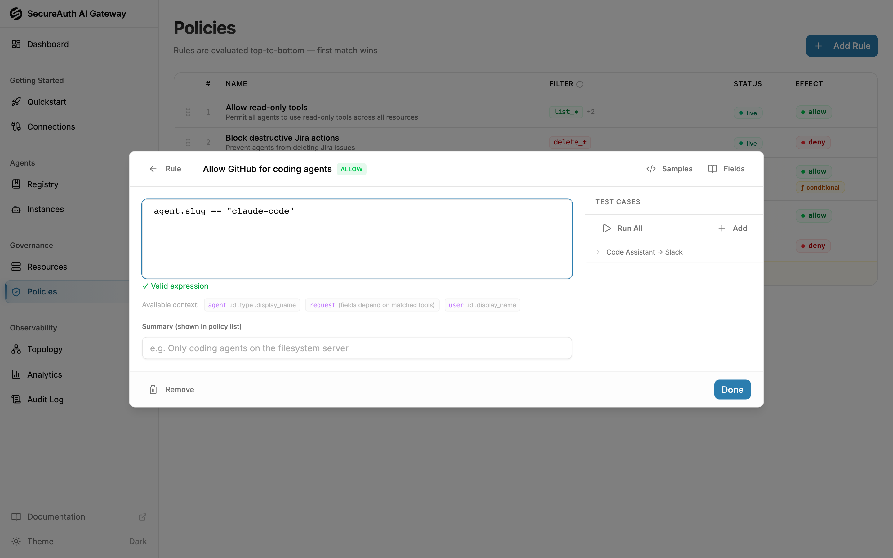 CEL Workspace with expression editor, samples, fields, and test cases