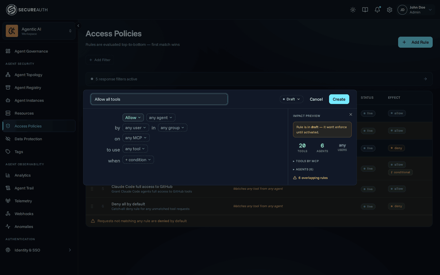 Rule editor with Impact Preview panel showing matching tools, agents, and overlapping rules