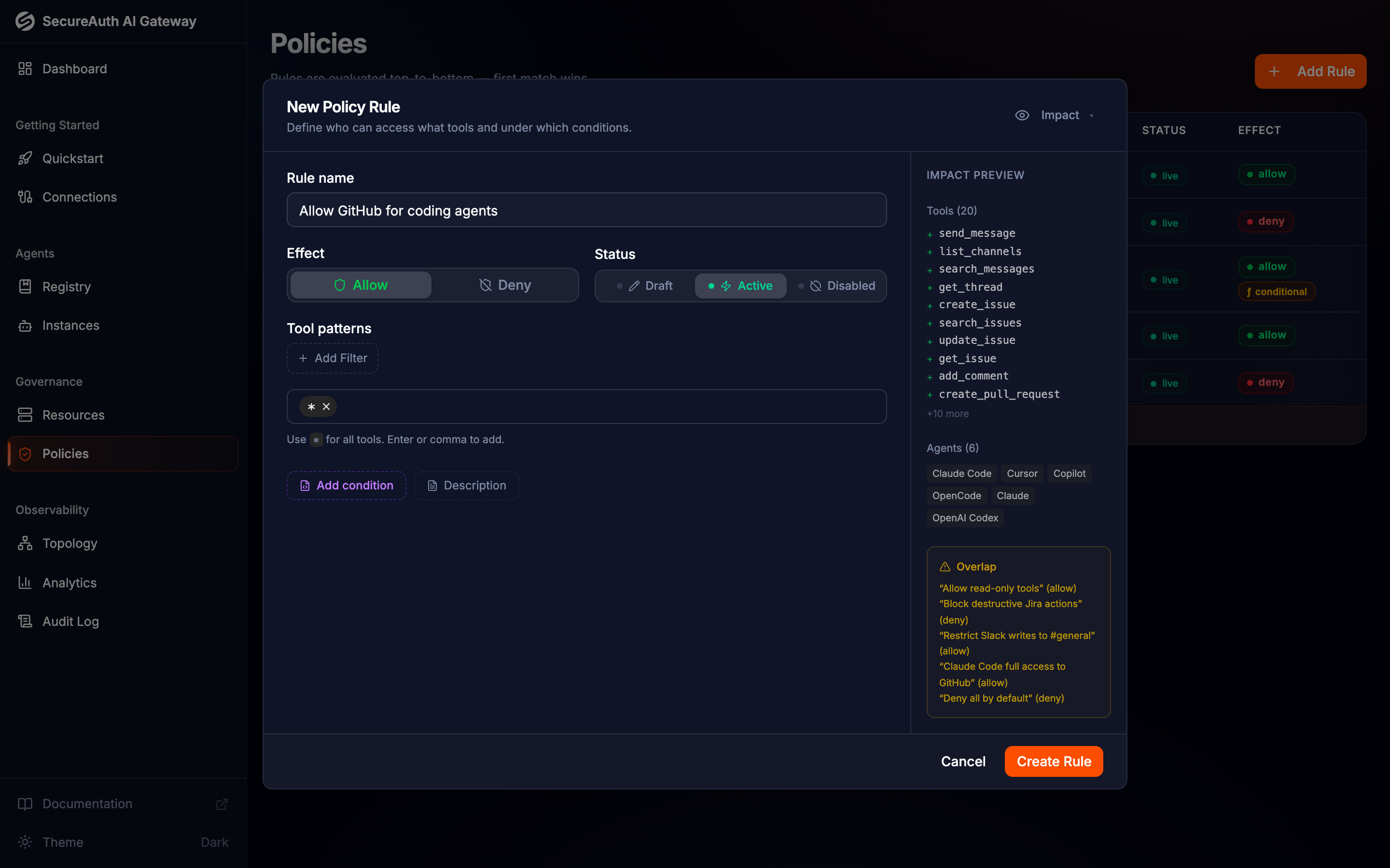Rule editor with Impact Preview panel showing matching tools, agents, and overlapping rules