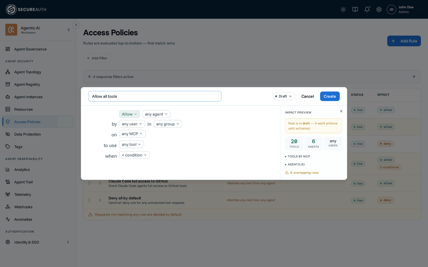 Rule editor with Impact Preview panel showing matching tools, agents, and overlapping rules