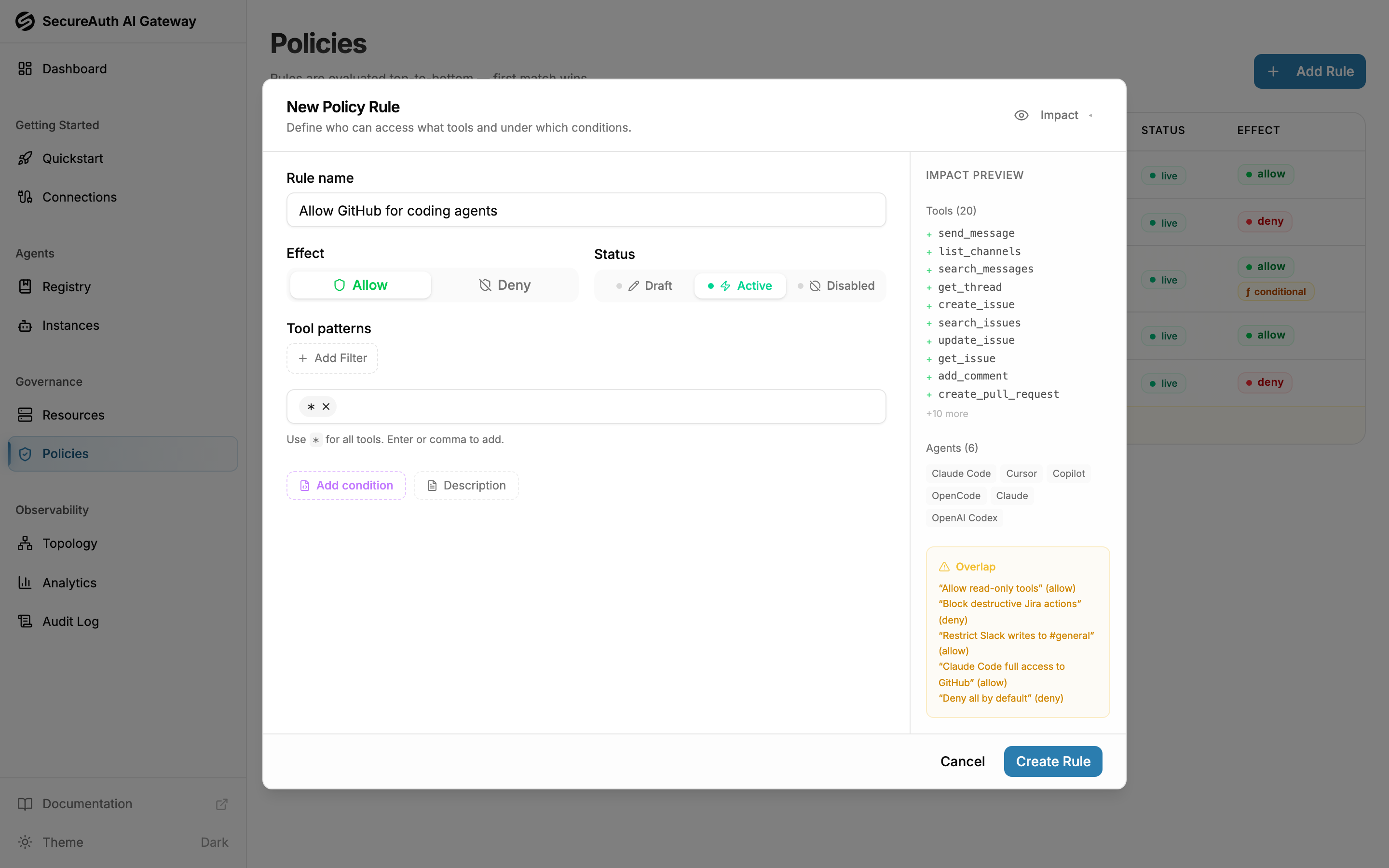 Rule editor with Impact Preview panel showing matching tools, agents, and overlapping rules
