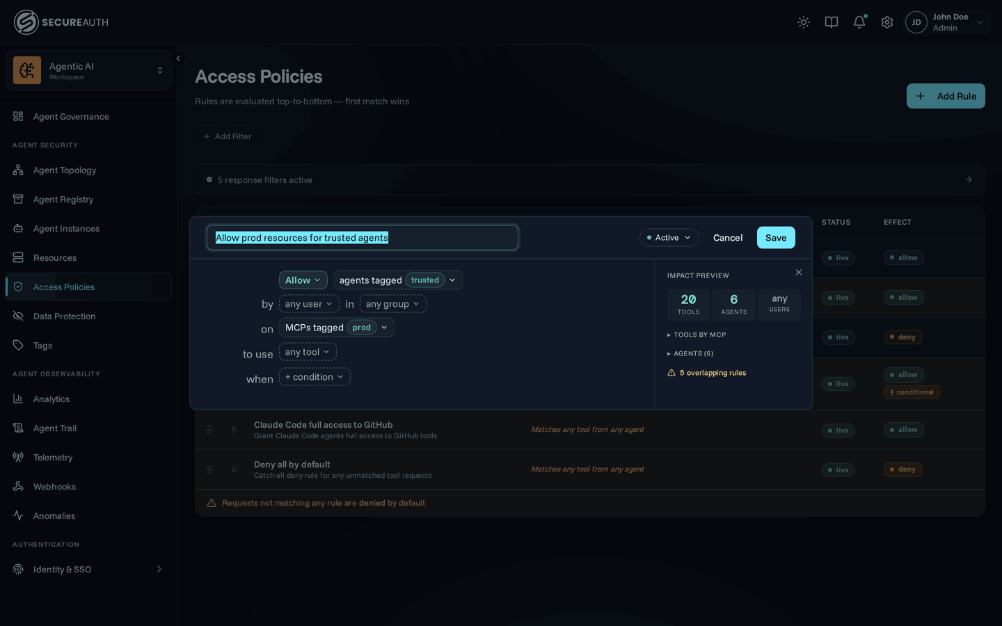 Rule editor sentence with resource and agent tag pills
