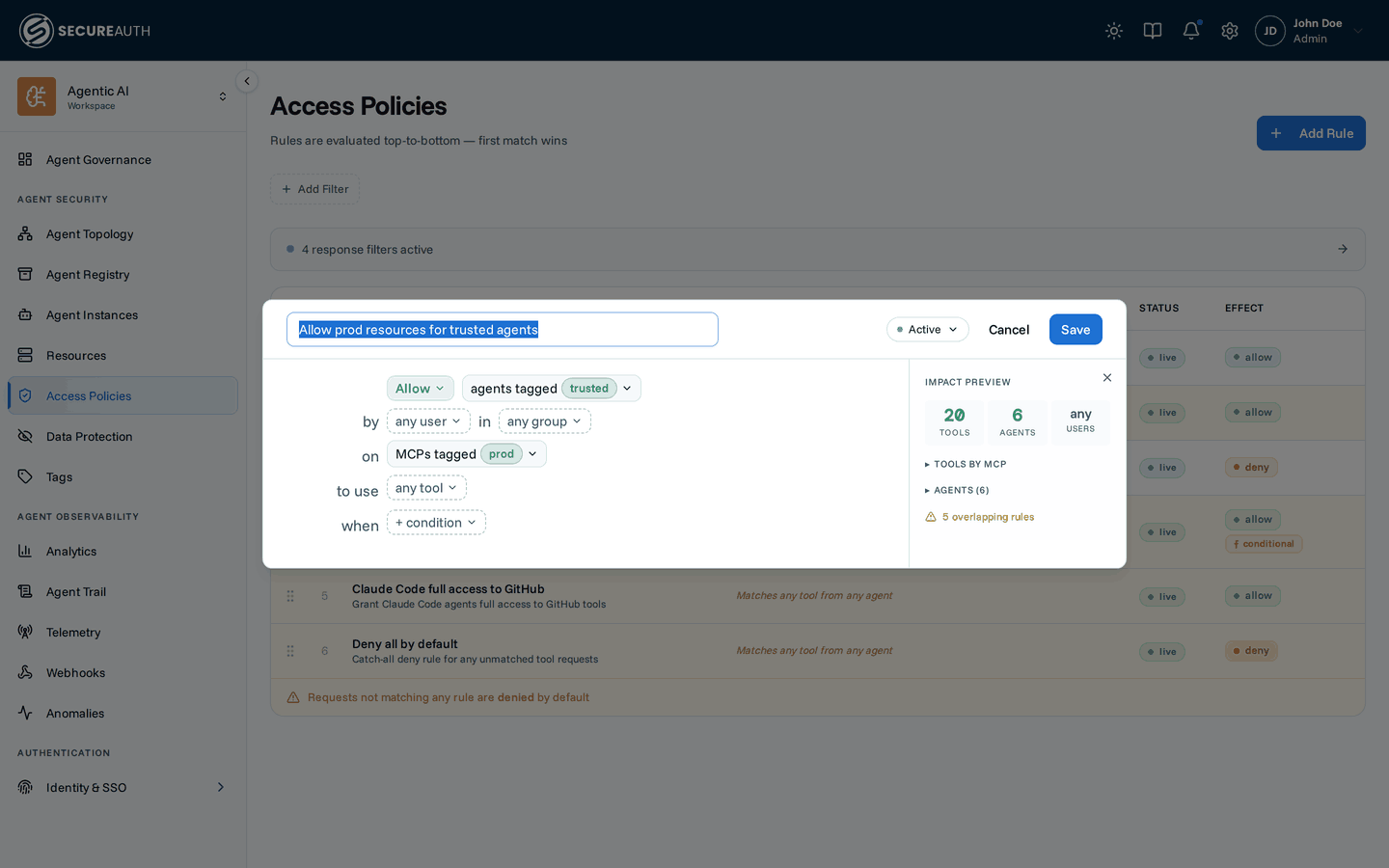 Rule editor sentence with resource and agent tag pills