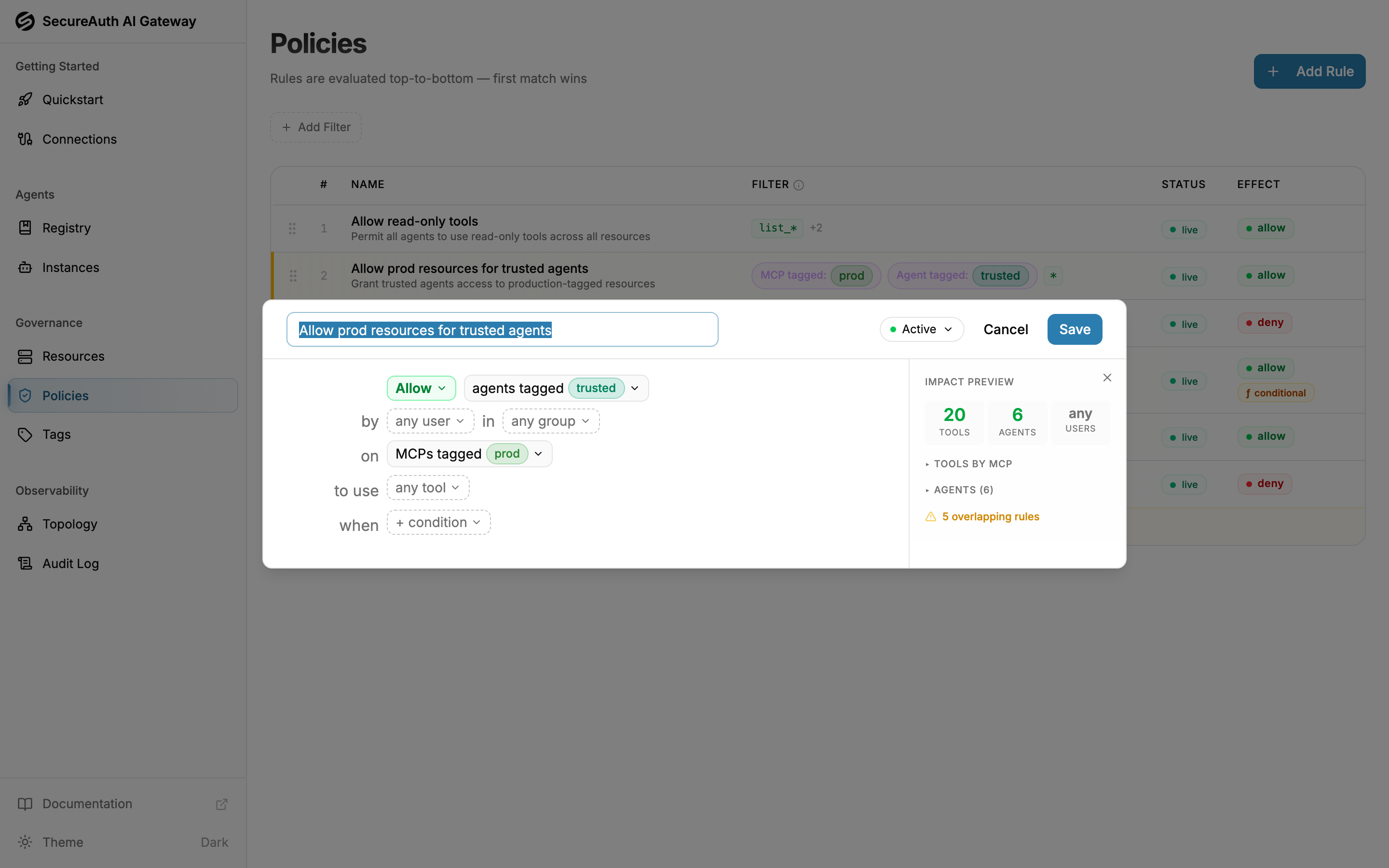 Rule editor sentence with resource and agent tag pills