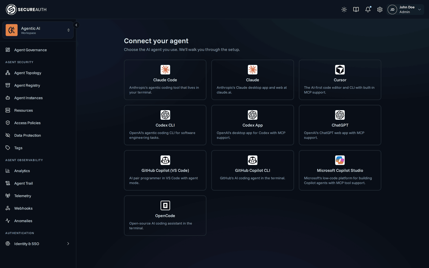 Quickstart page with catalog of agents