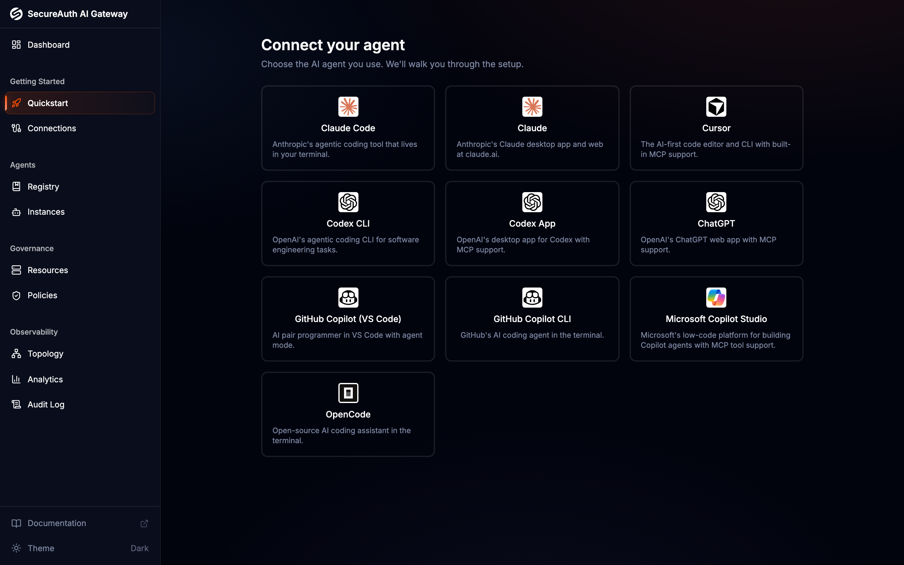 Quickstart page with catalog of agents