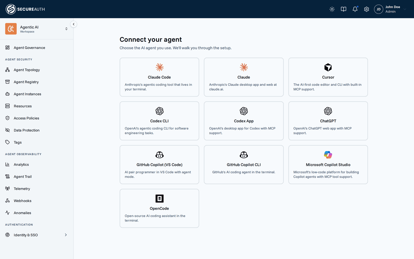 Quickstart page with catalog of agents