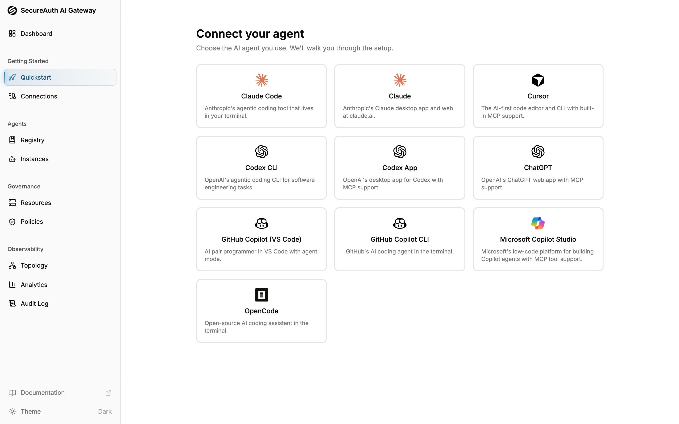 Quickstart page with catalog of agents