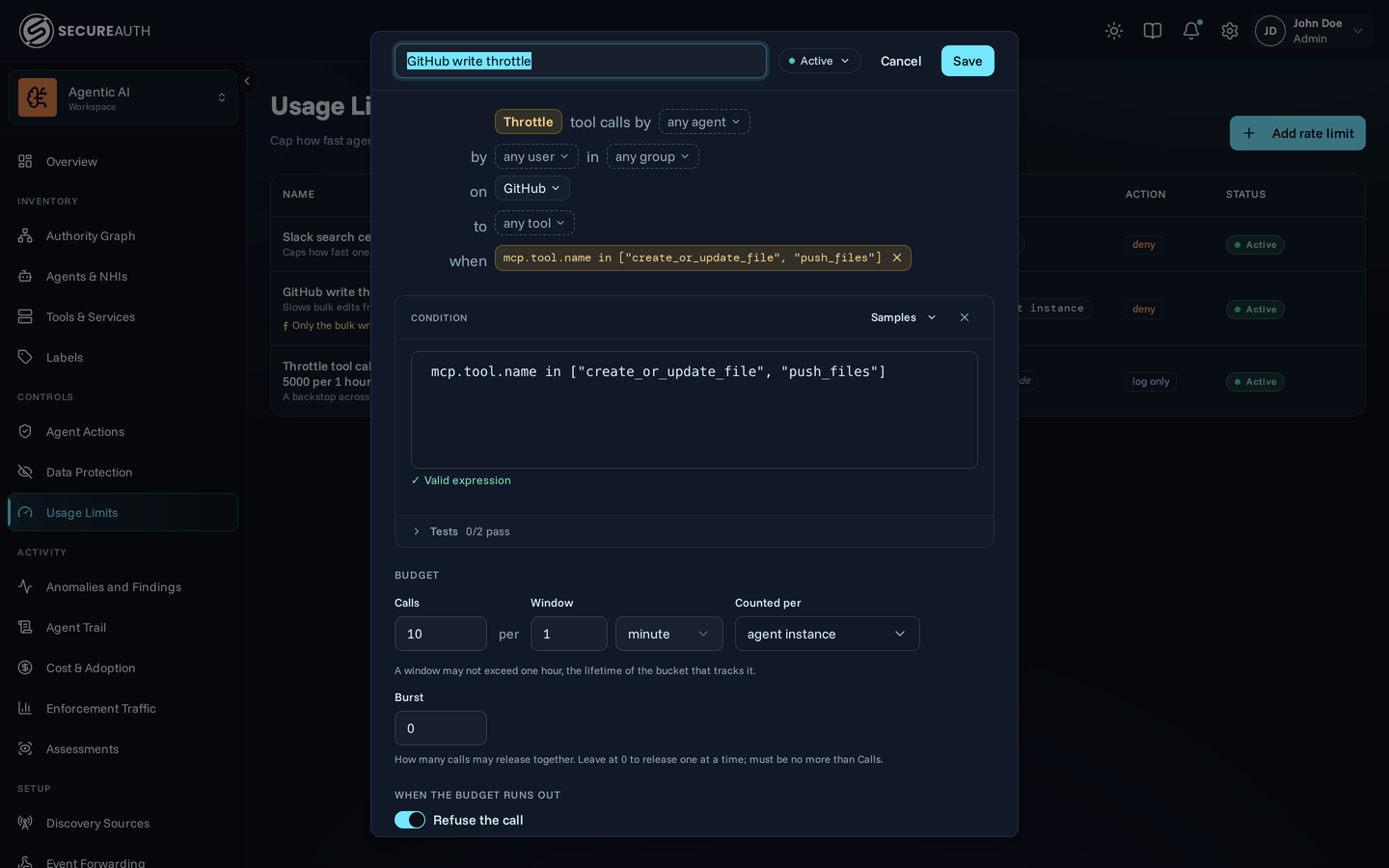 Rate limit rule editor with the condition editor open on a saved CEL condition