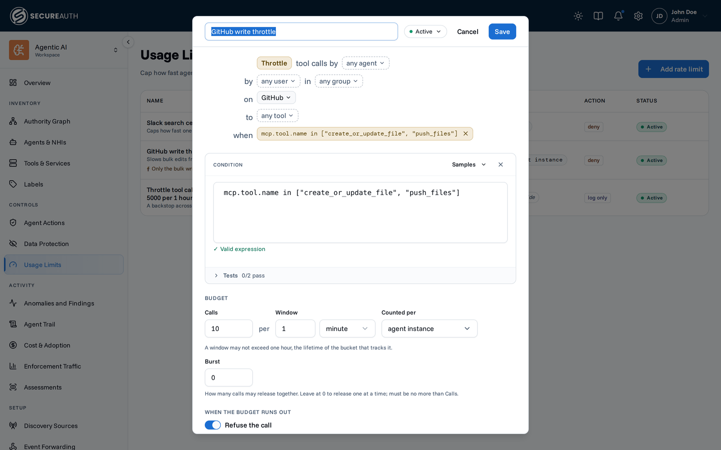 Rate limit rule editor with the condition editor open on a saved CEL condition
