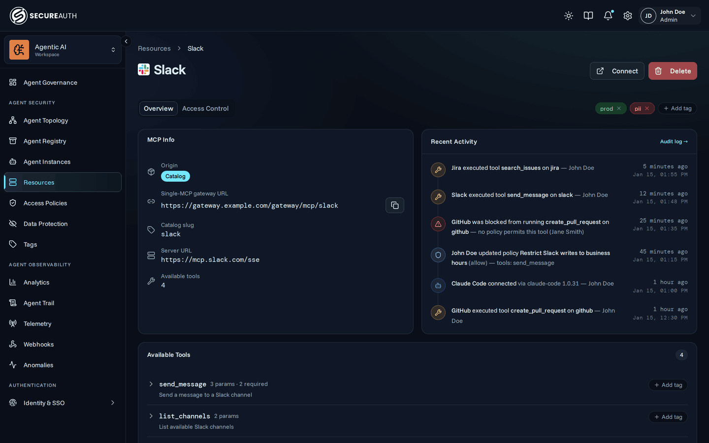 Resource detail page showing tools and configuration