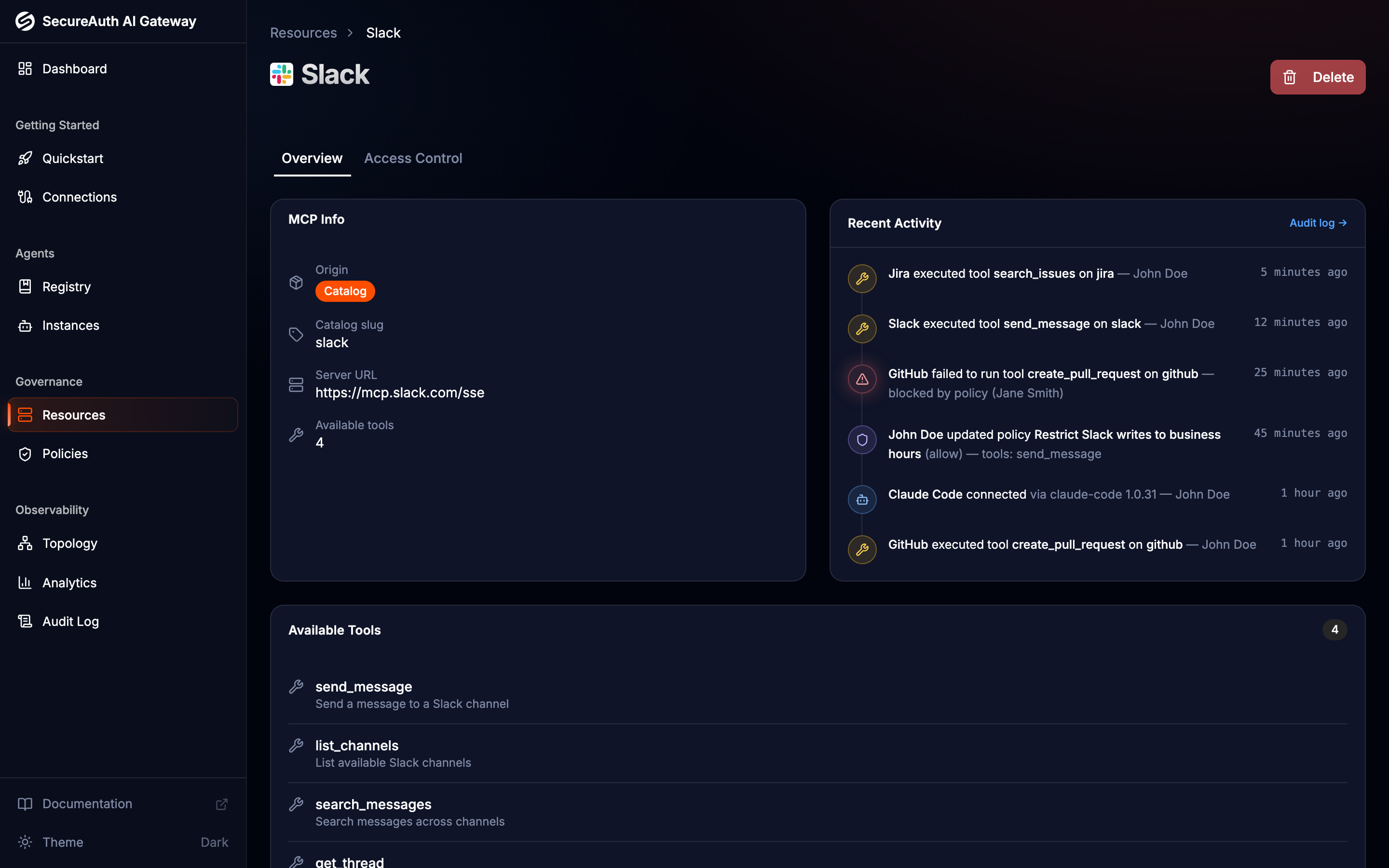 Resource detail page showing tools and configuration