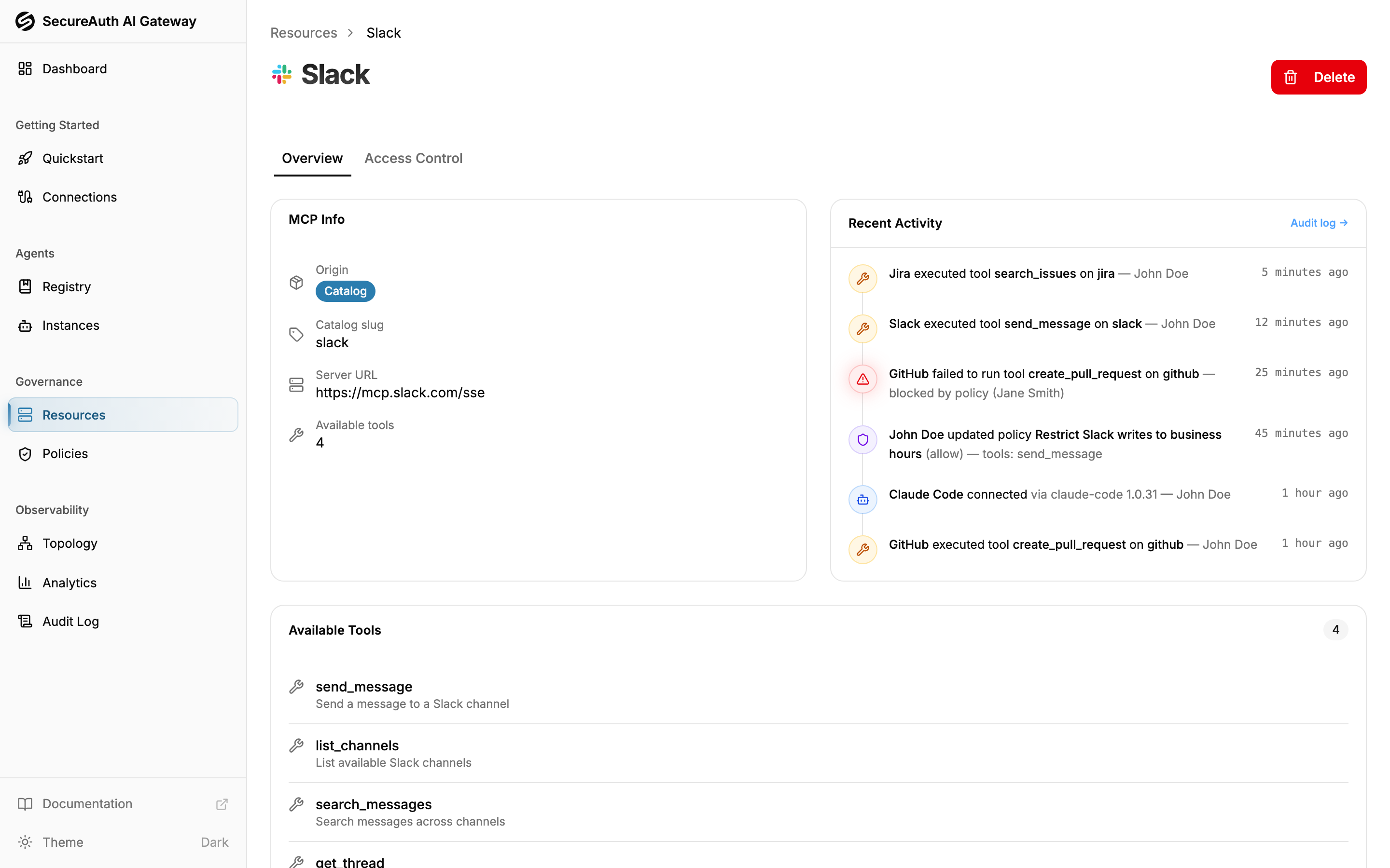 Resource detail page showing tools and configuration
