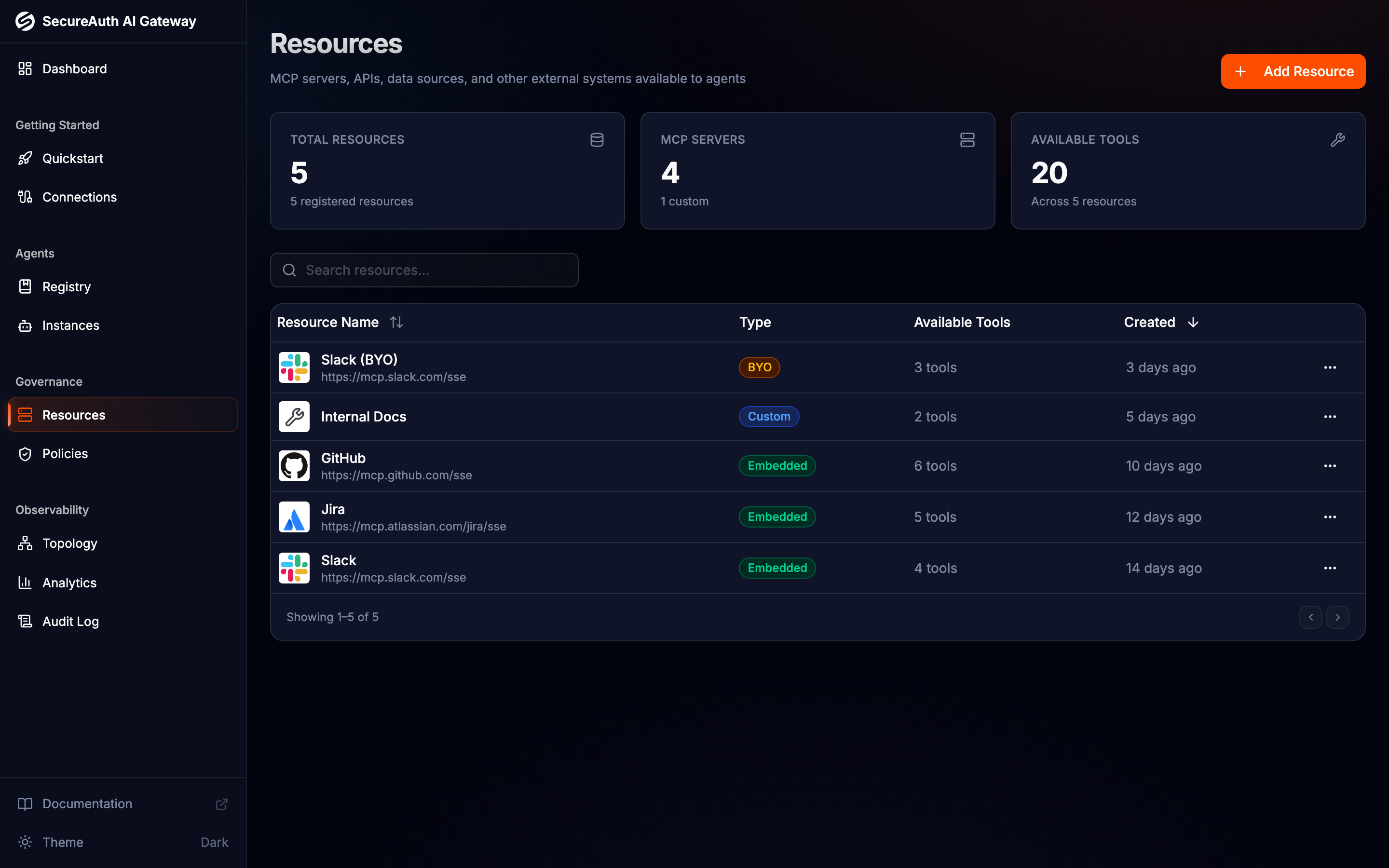 Resources page showing connected MCP servers
