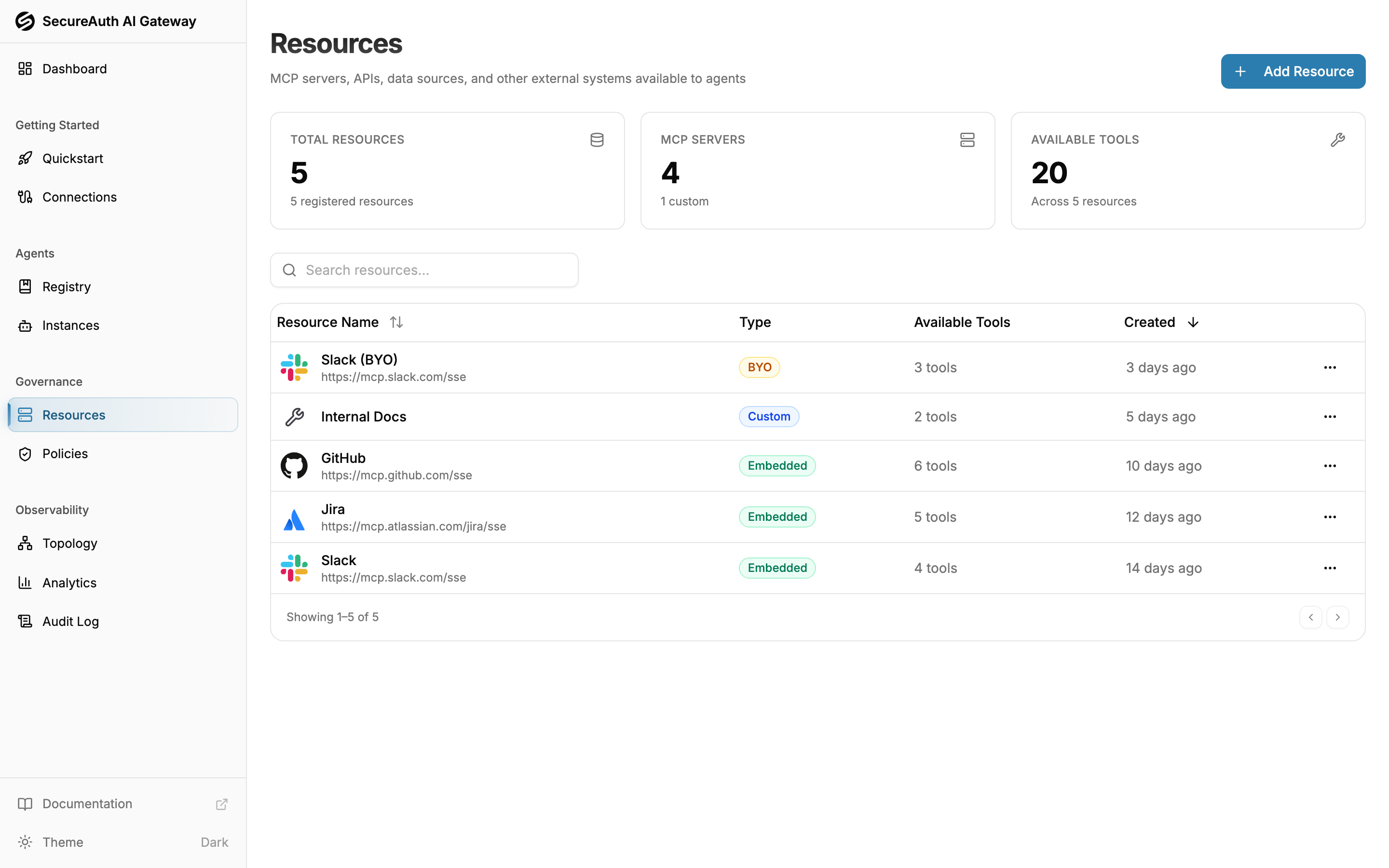 Resources page showing connected MCP servers