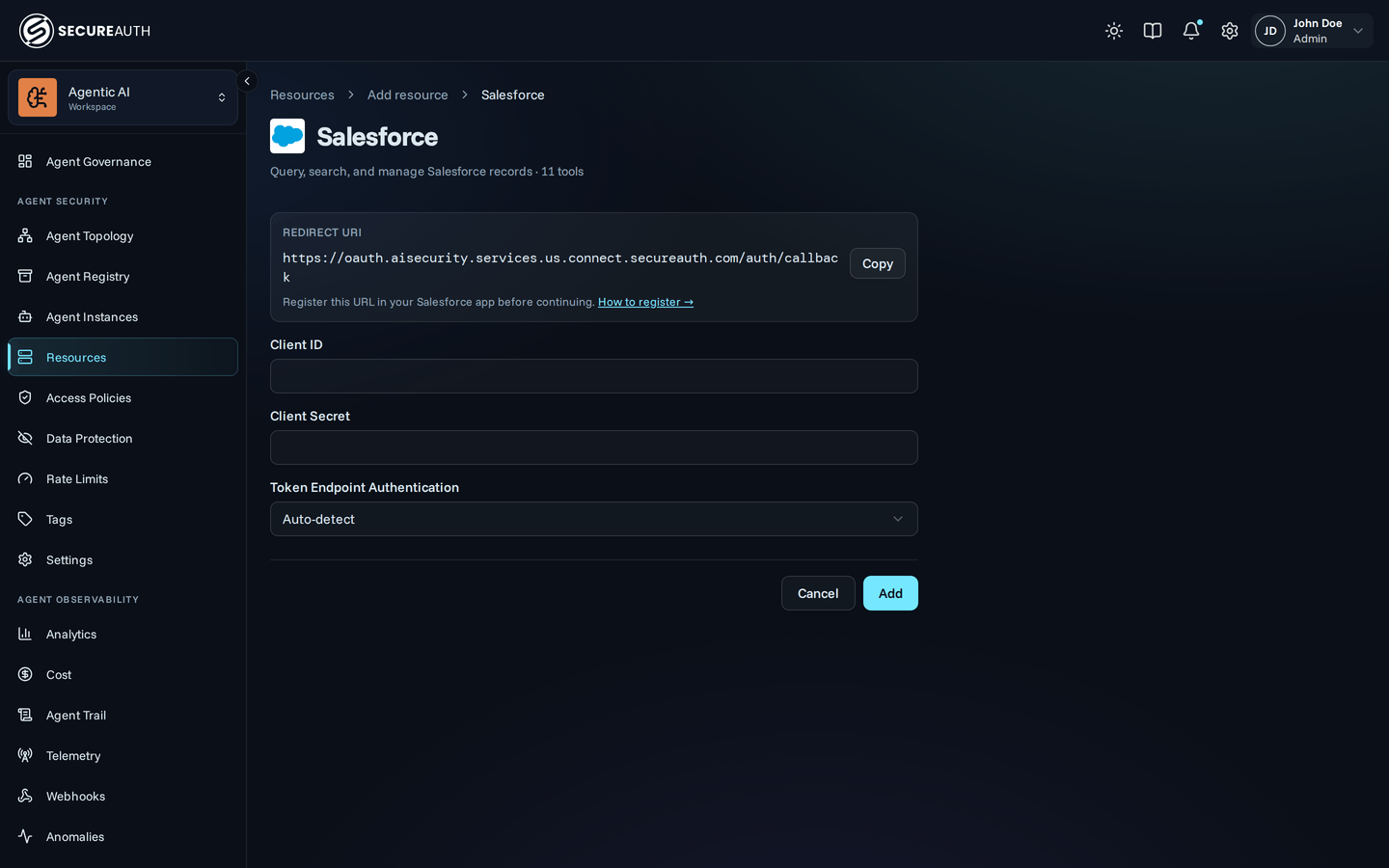 Salesforce credentials form in the Agent Authority console, showing Redirect URI with a Copy button, Client ID, Client Secret, and Token Endpoint Authentication