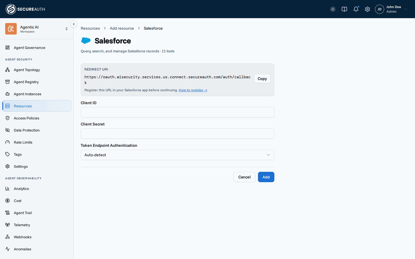 Salesforce credentials form in the Agent Authority console, showing Redirect URI with a Copy button, Client ID, Client Secret, and Token Endpoint Authentication