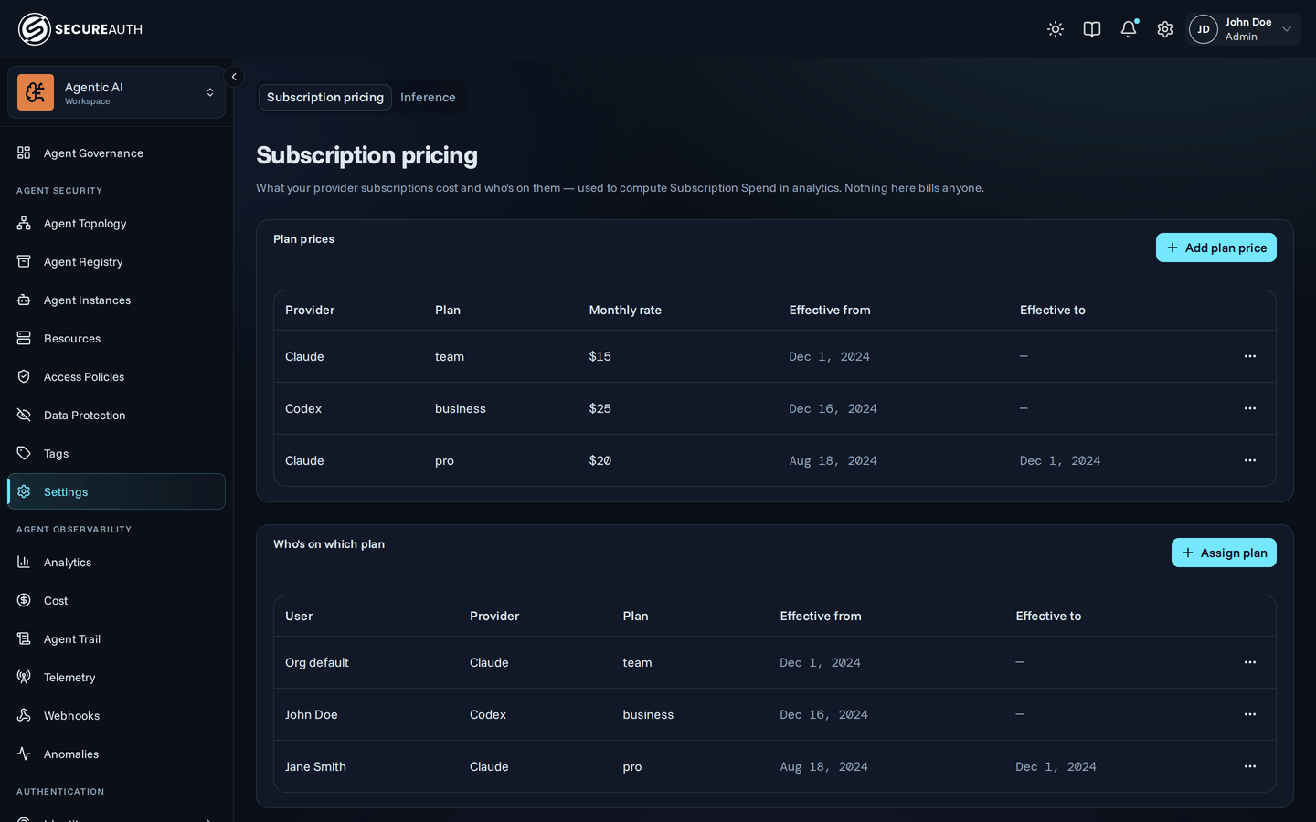 Subscription pricing settings with plan prices and plan assignments