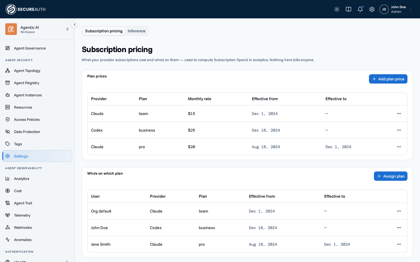 Subscription pricing settings with plan prices and plan assignments