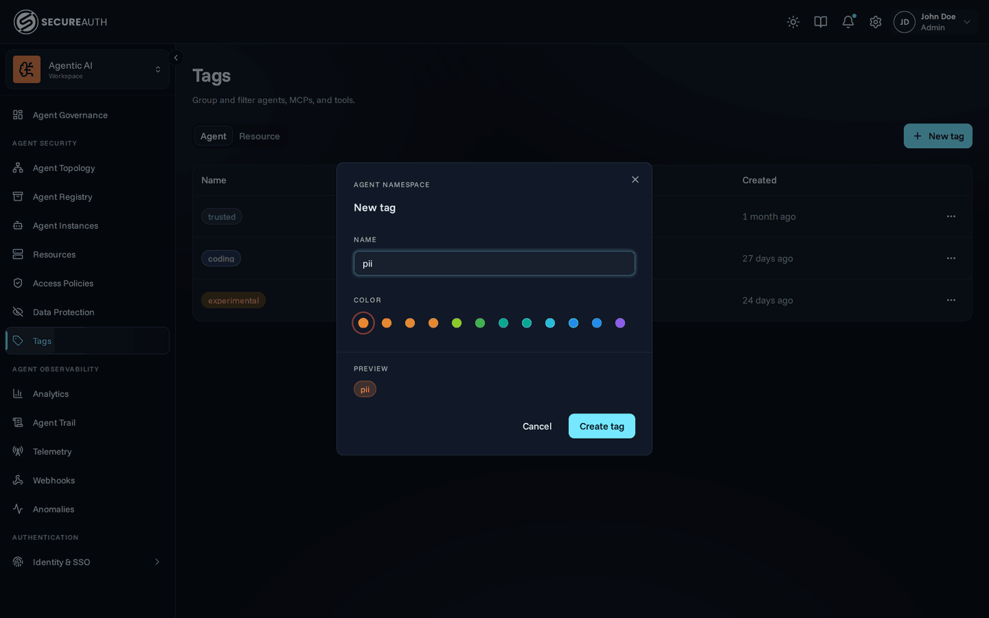 New tag dialog with a name field and color picker