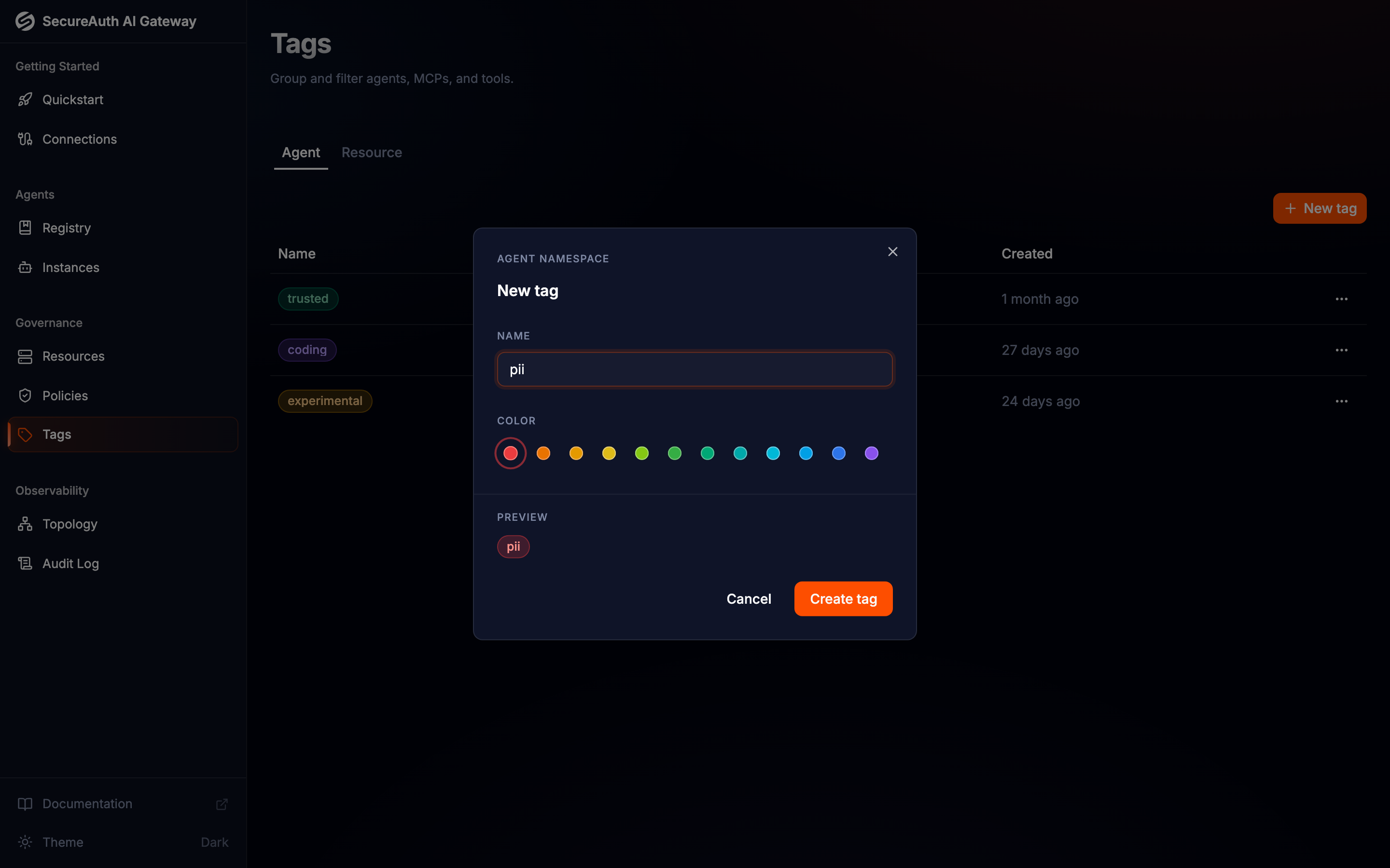 New tag dialog with a name field and color picker