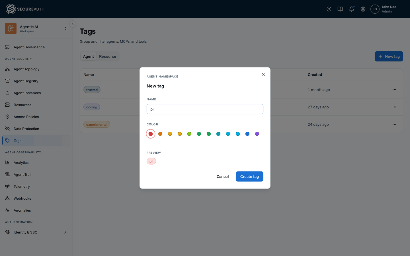 New tag dialog with a name field and color picker