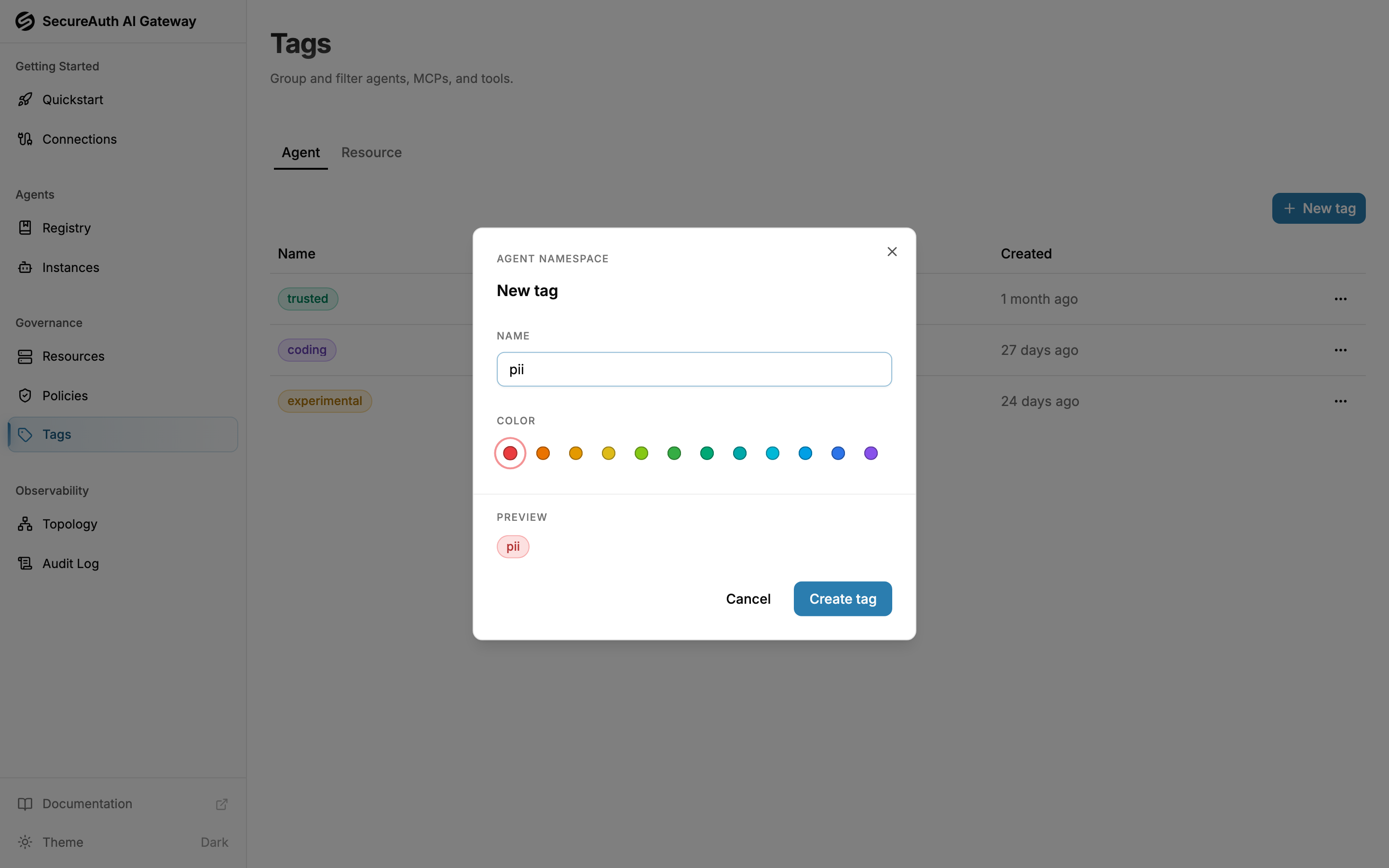 New tag dialog with a name field and color picker