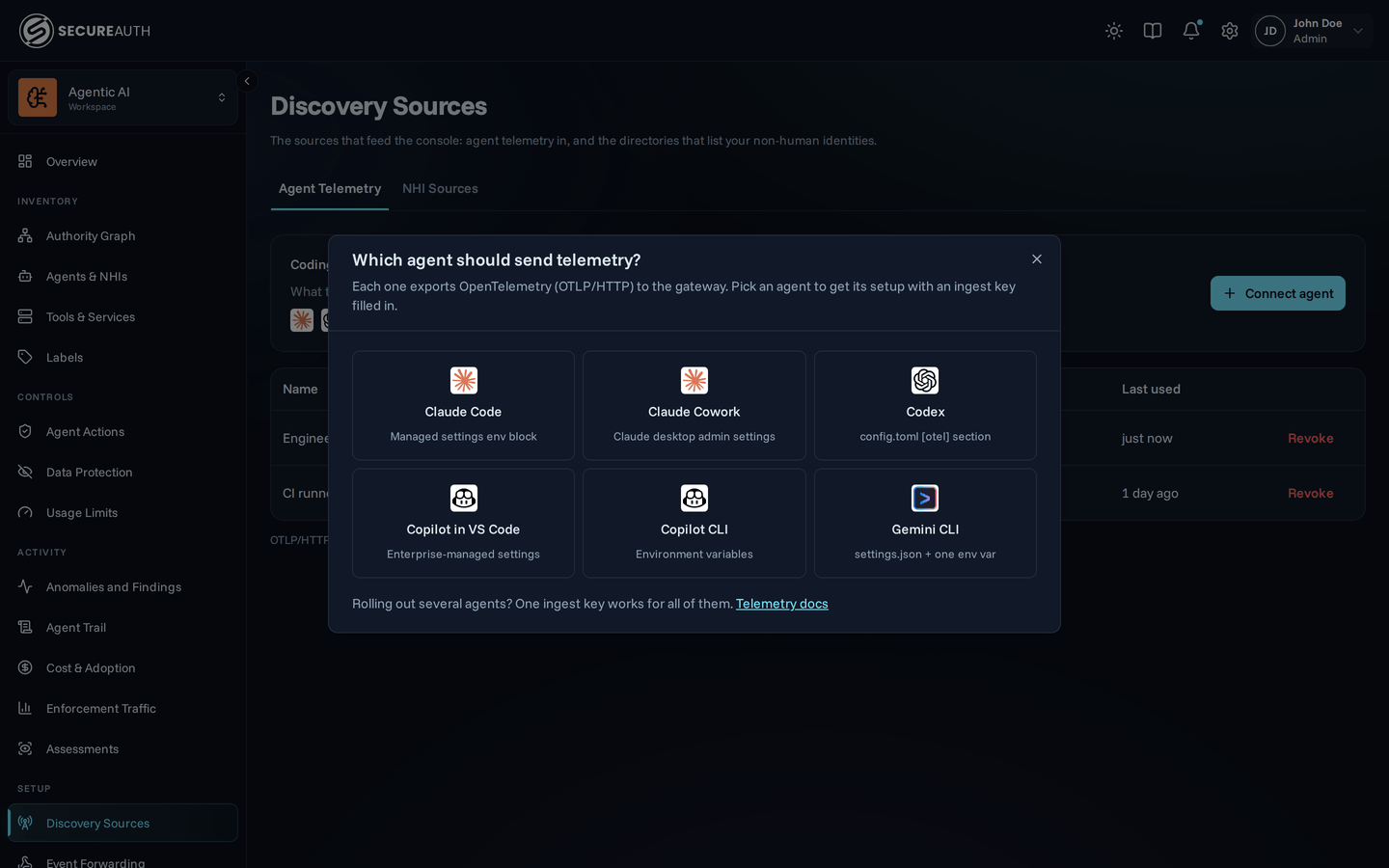 Connect agent dialog listing Claude Code, Claude Cowork, Codex, Copilot in VS Code, Copilot CLI, and Gemini CLI