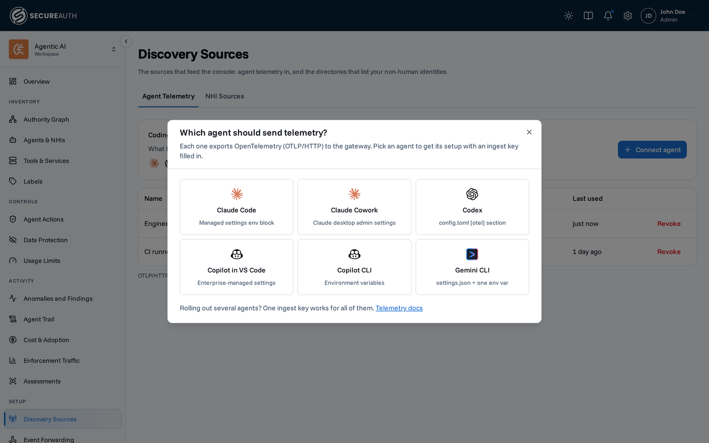 Connect agent dialog listing Claude Code, Claude Cowork, Codex, Copilot in VS Code, Copilot CLI, and Gemini CLI