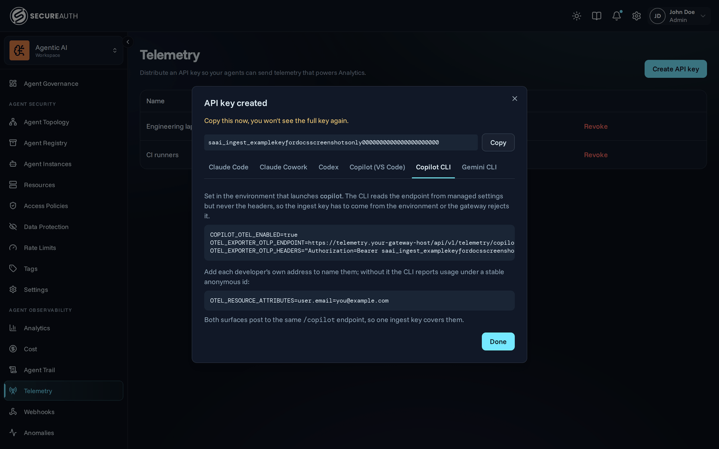 Ingest key dialog with the Copilot CLI tab selected, showing the environment variables the CLI needs