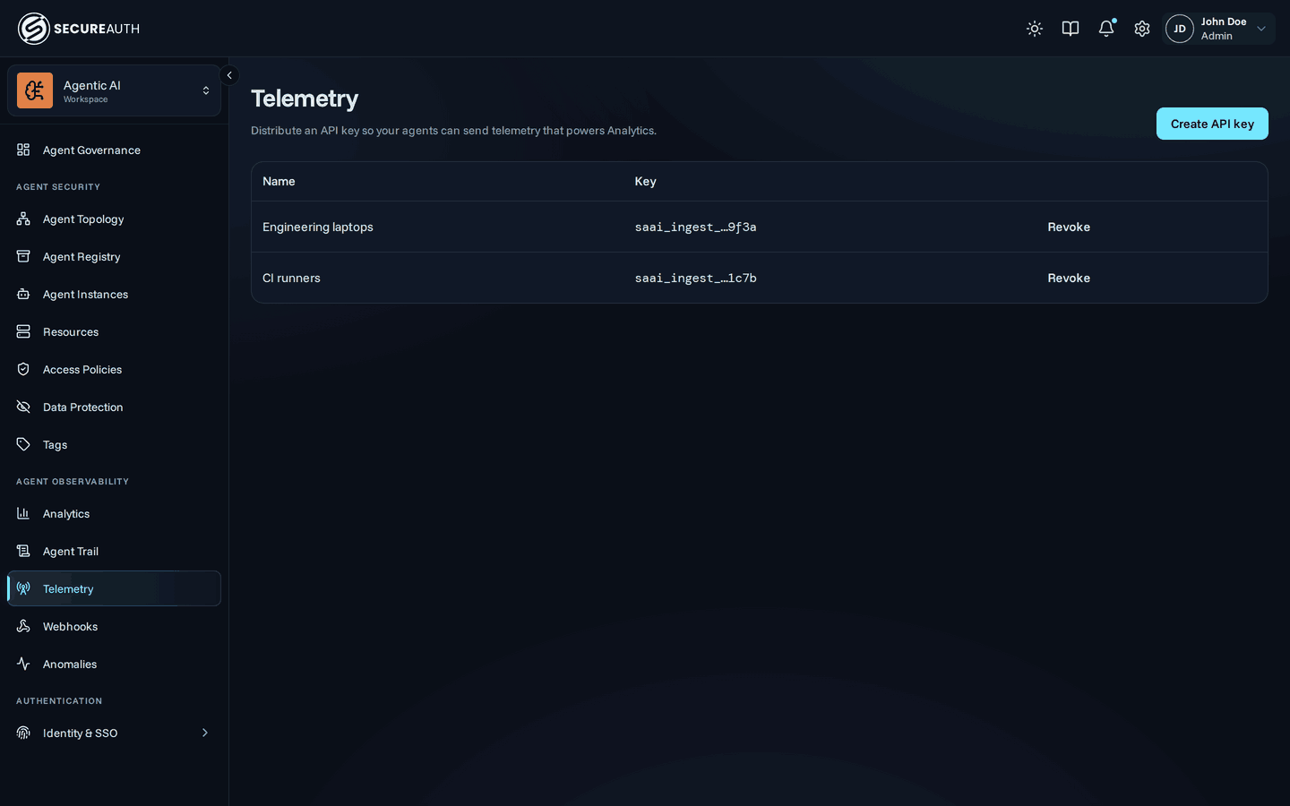 Telemetry page listing ingest API keys