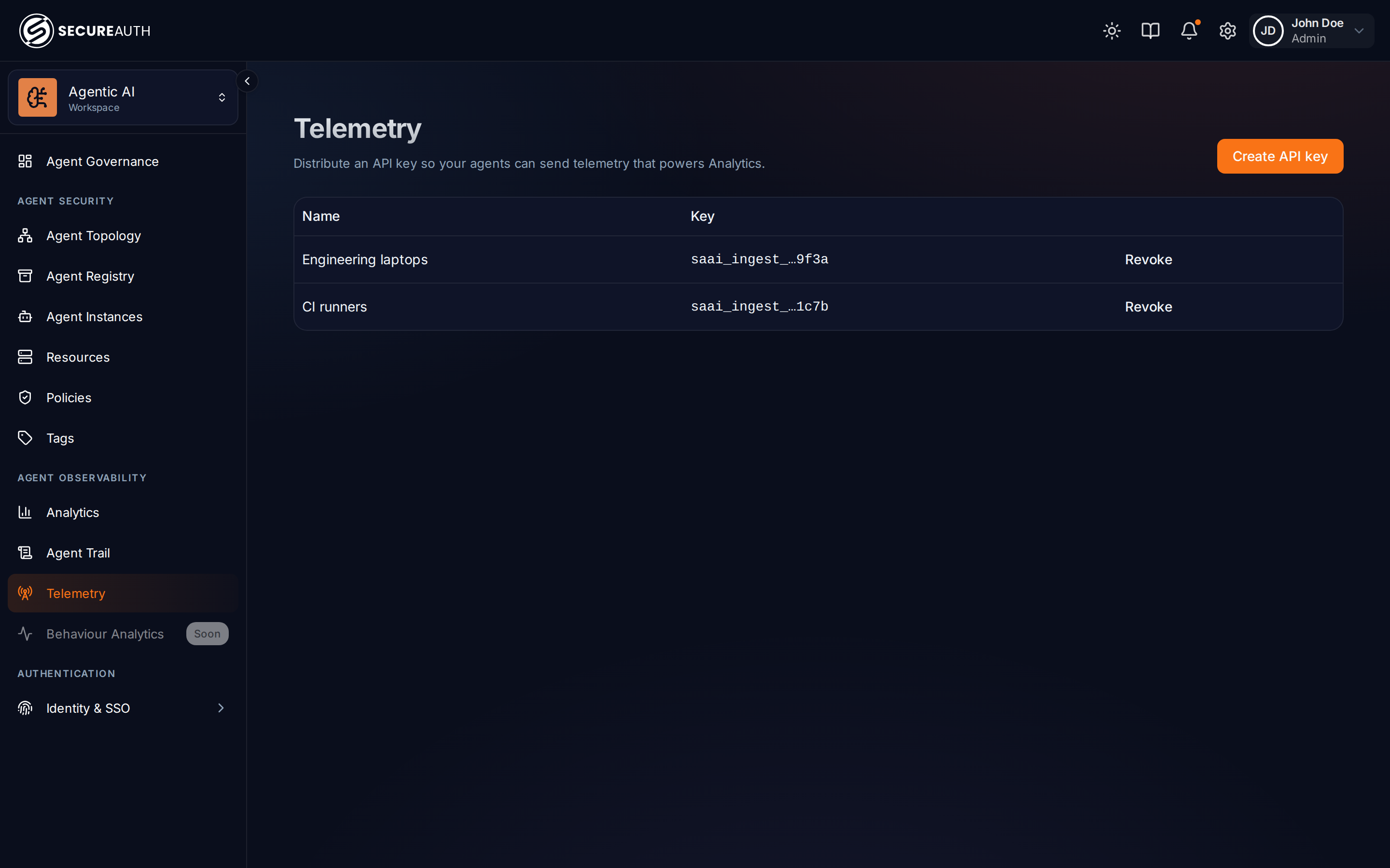 Telemetry page listing ingest API keys