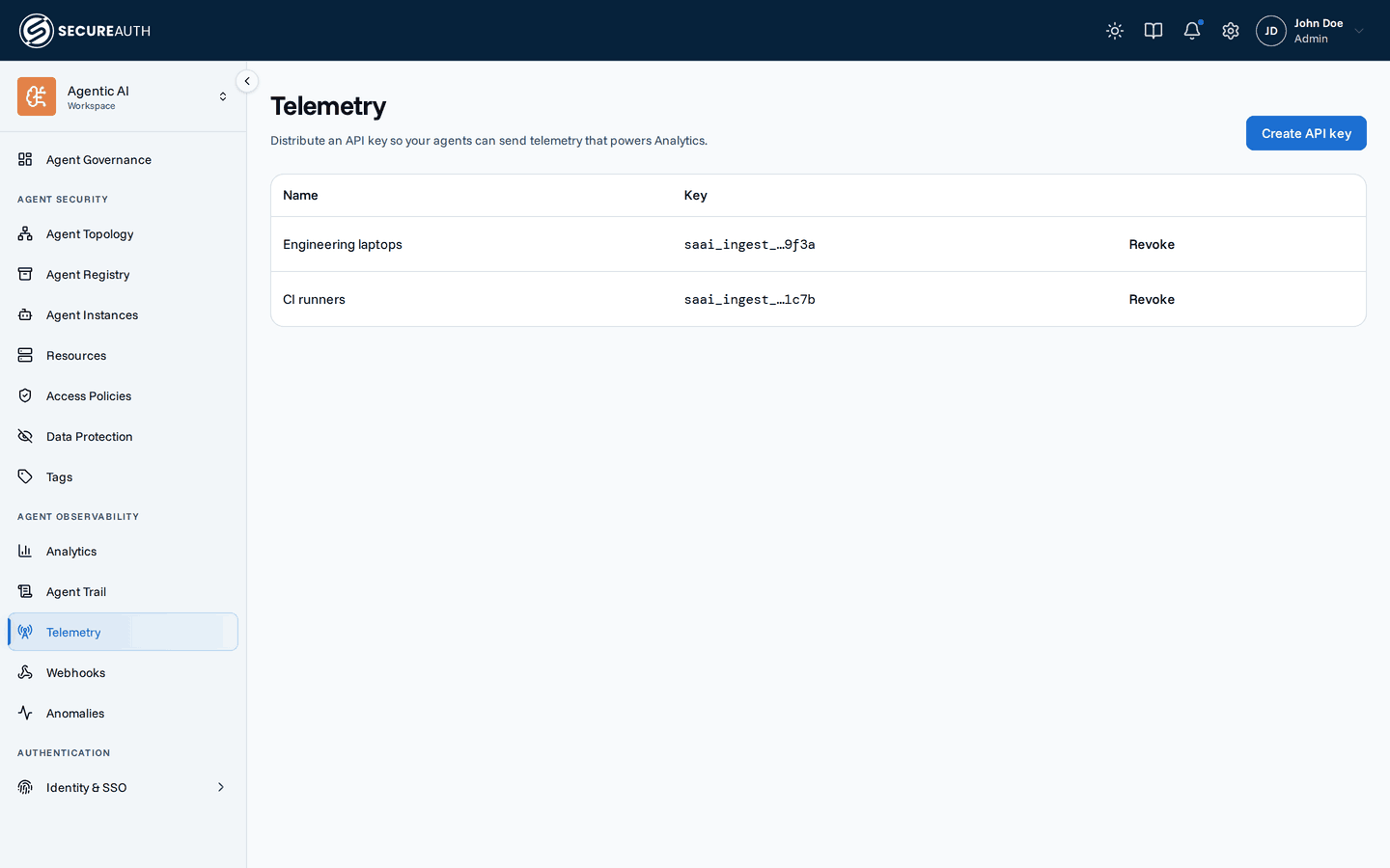Telemetry page listing ingest API keys