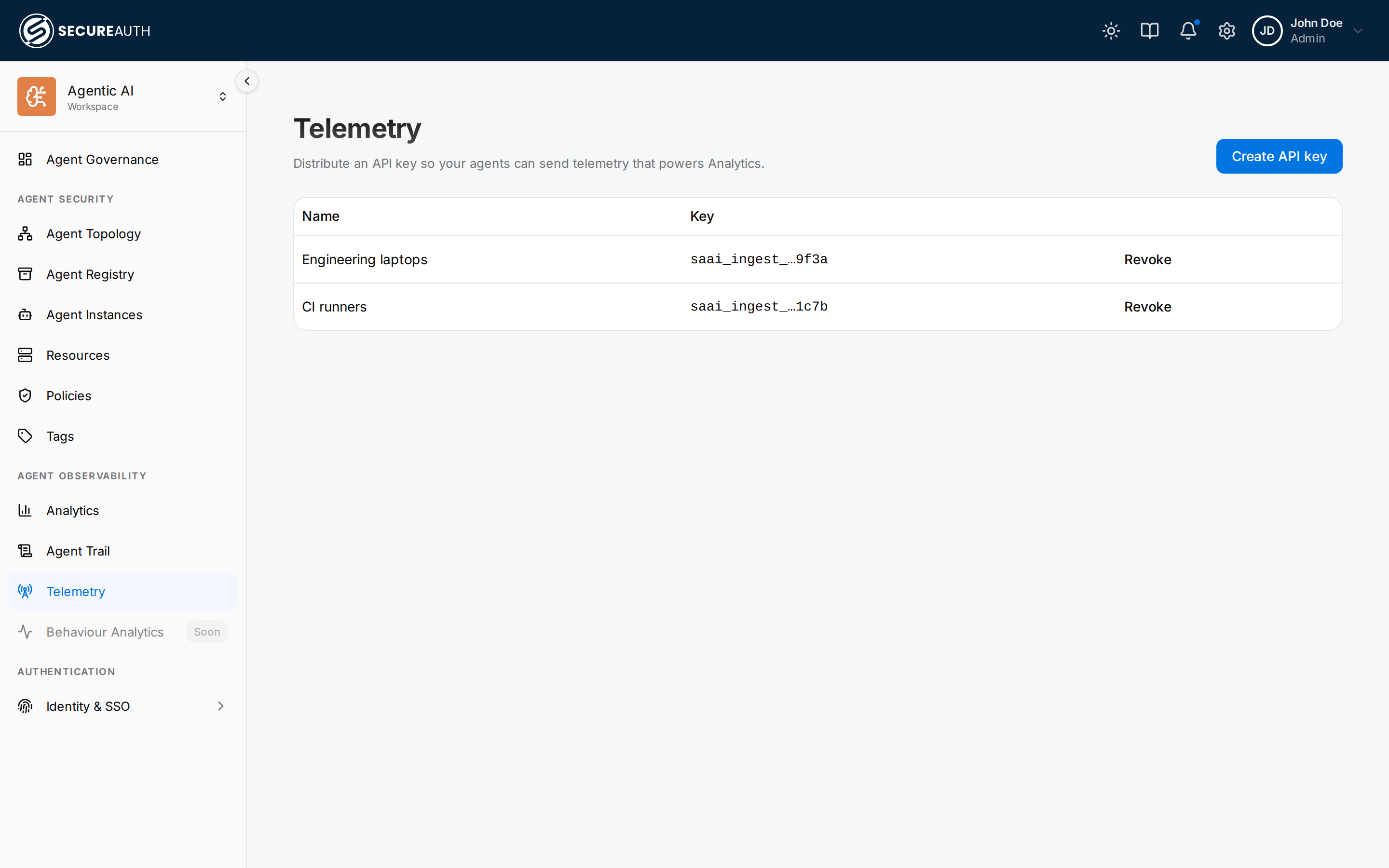 Telemetry page listing ingest API keys