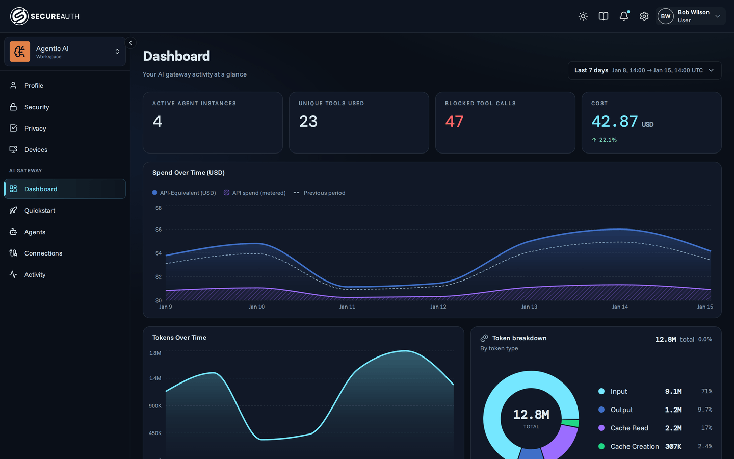 The user portal Dashboard, with the AI Gateway menu group listing Dashboard, Quickstart, Agents, Connections, and Activity