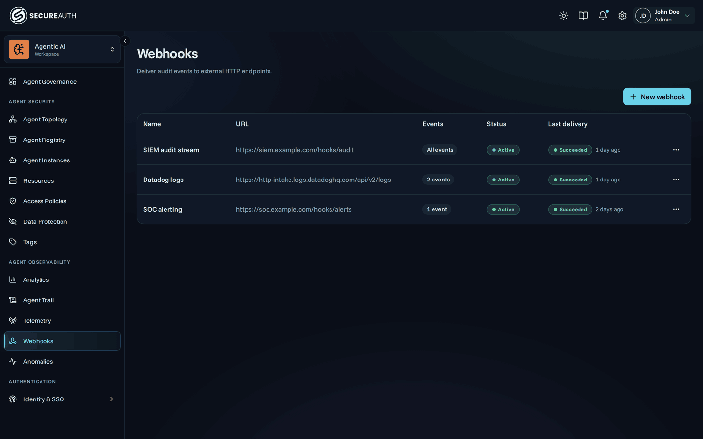 Webhooks page listing configured endpoints