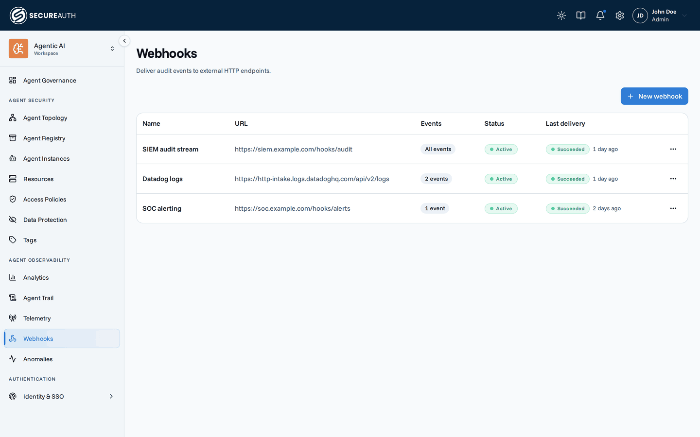 Webhooks page listing configured endpoints