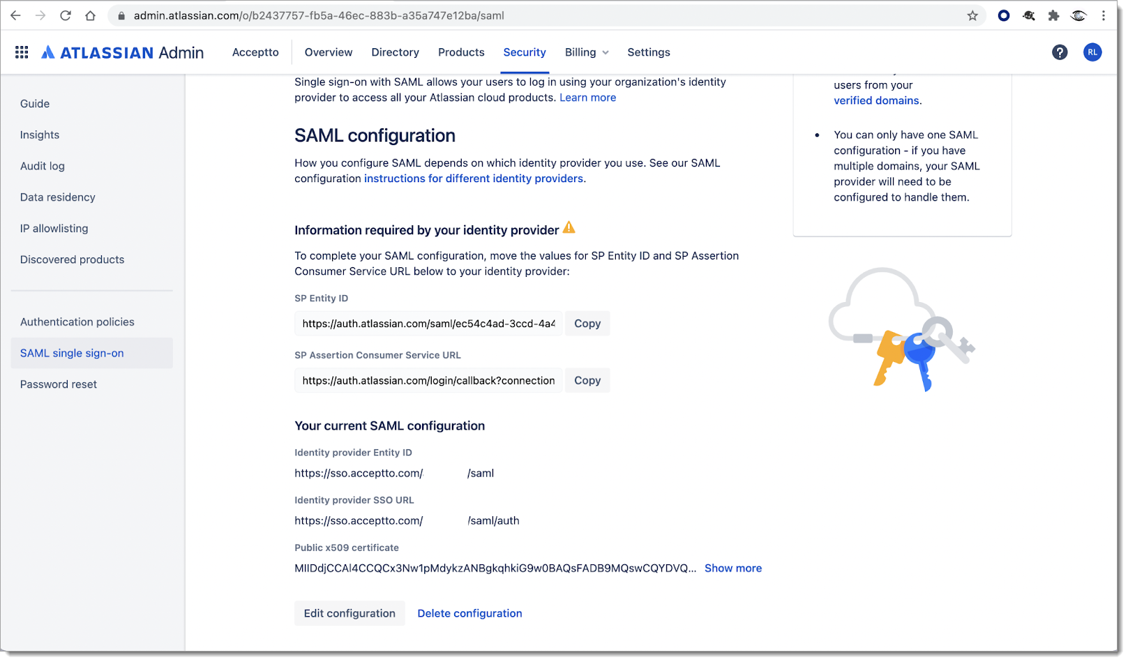 SAML configuration page