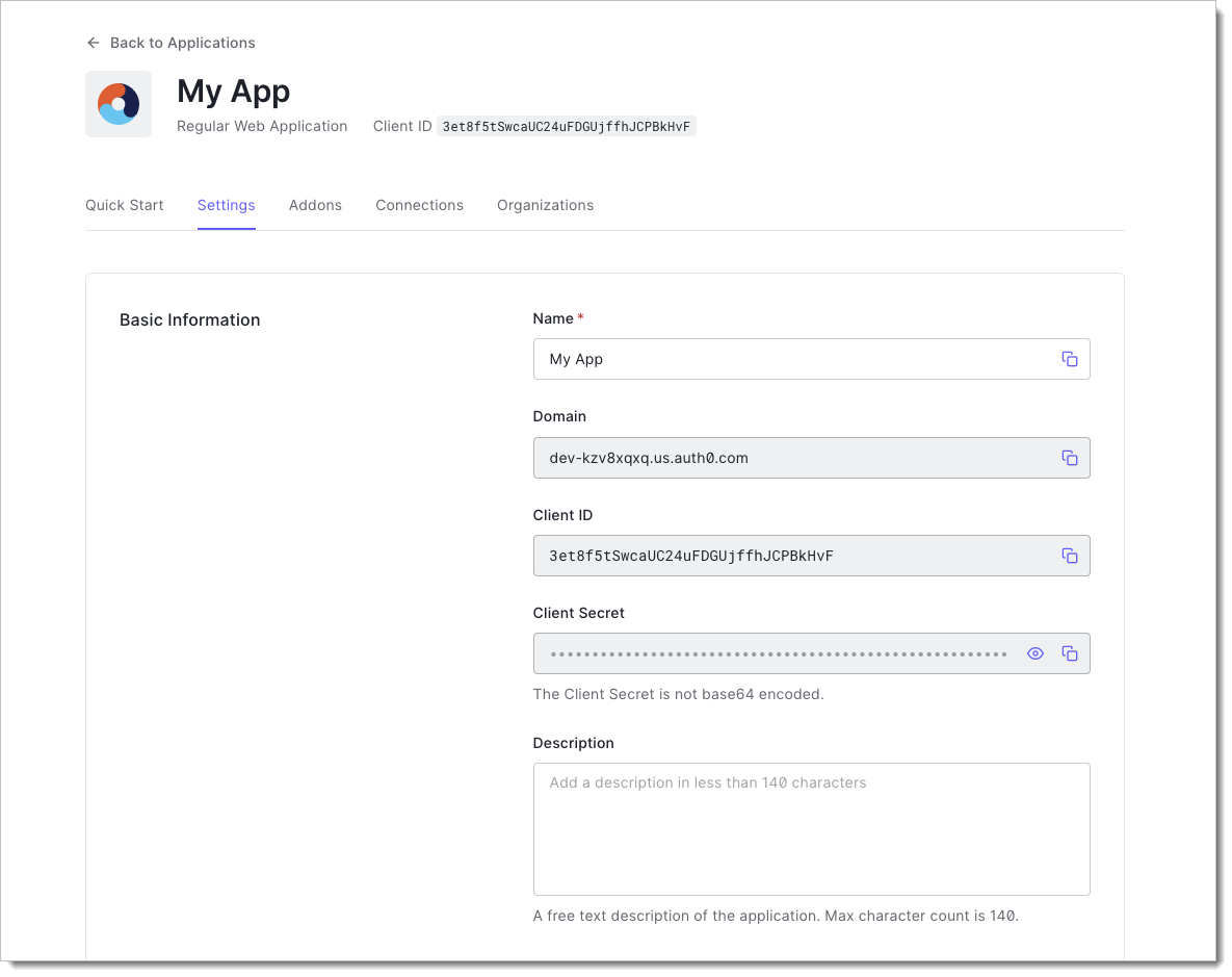 Auth0 basic application information