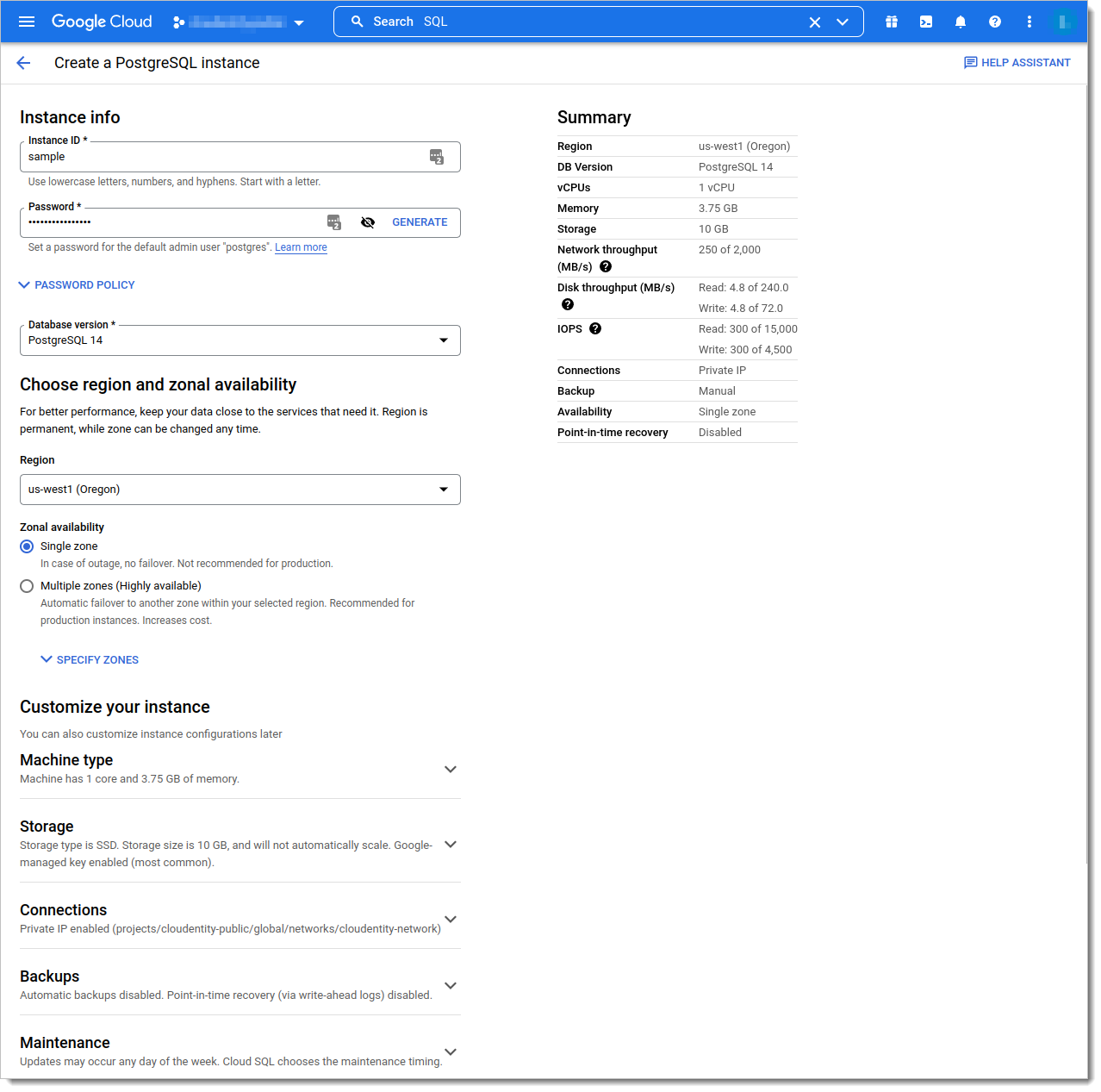 GCP SQL settings