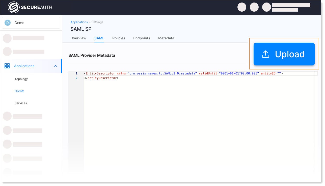 SAML metadata upload from SAML tab