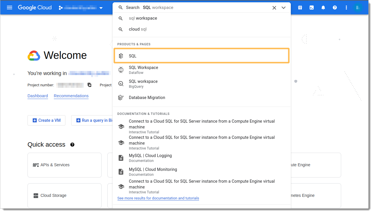Navigate to GCP SQL