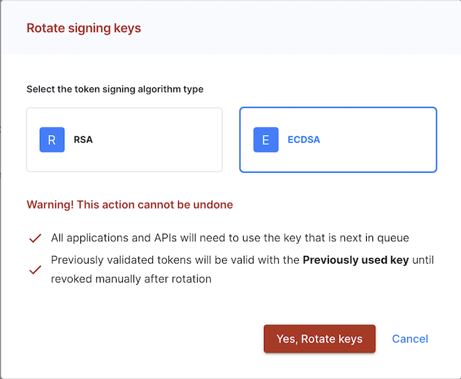 Changing signing algorithm type