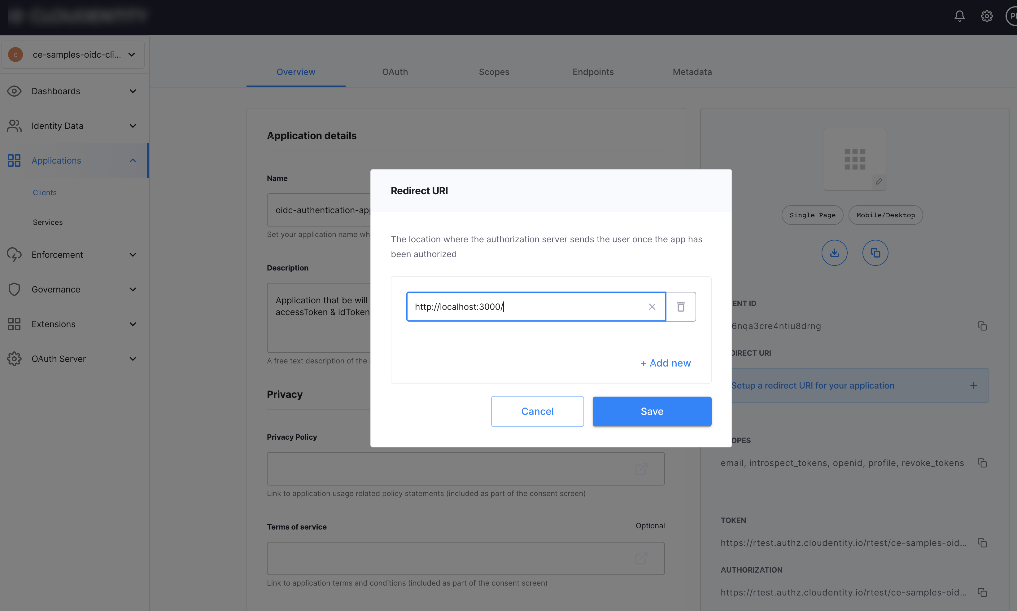 Cloudentity create oauth oidc redirect uri