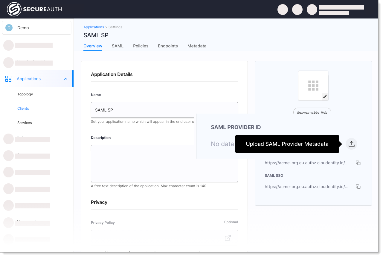 SAML metadata upload from overview