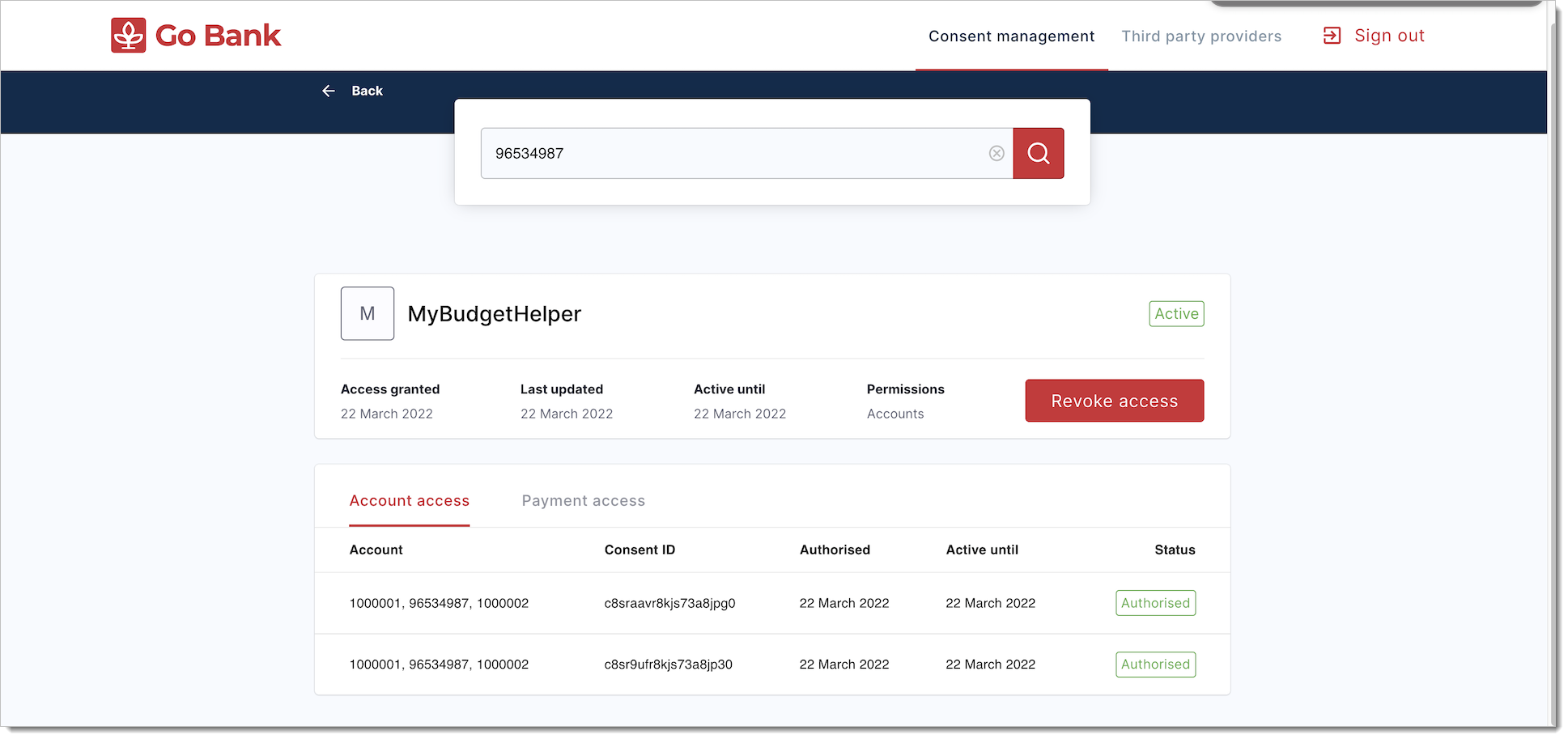 Consent admin portal - consents for application view