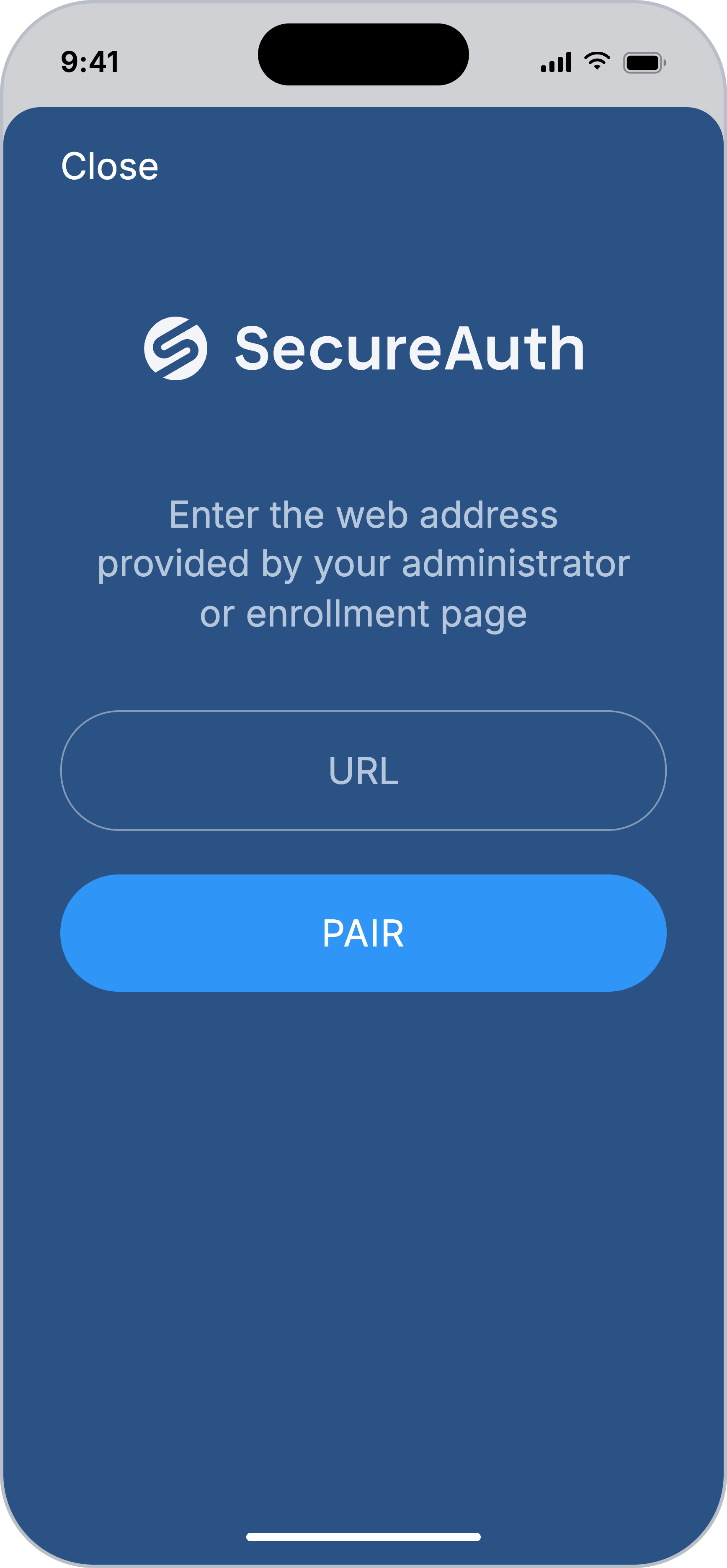 Authenticate app pairing screen with a URL entry field and a Pair button.