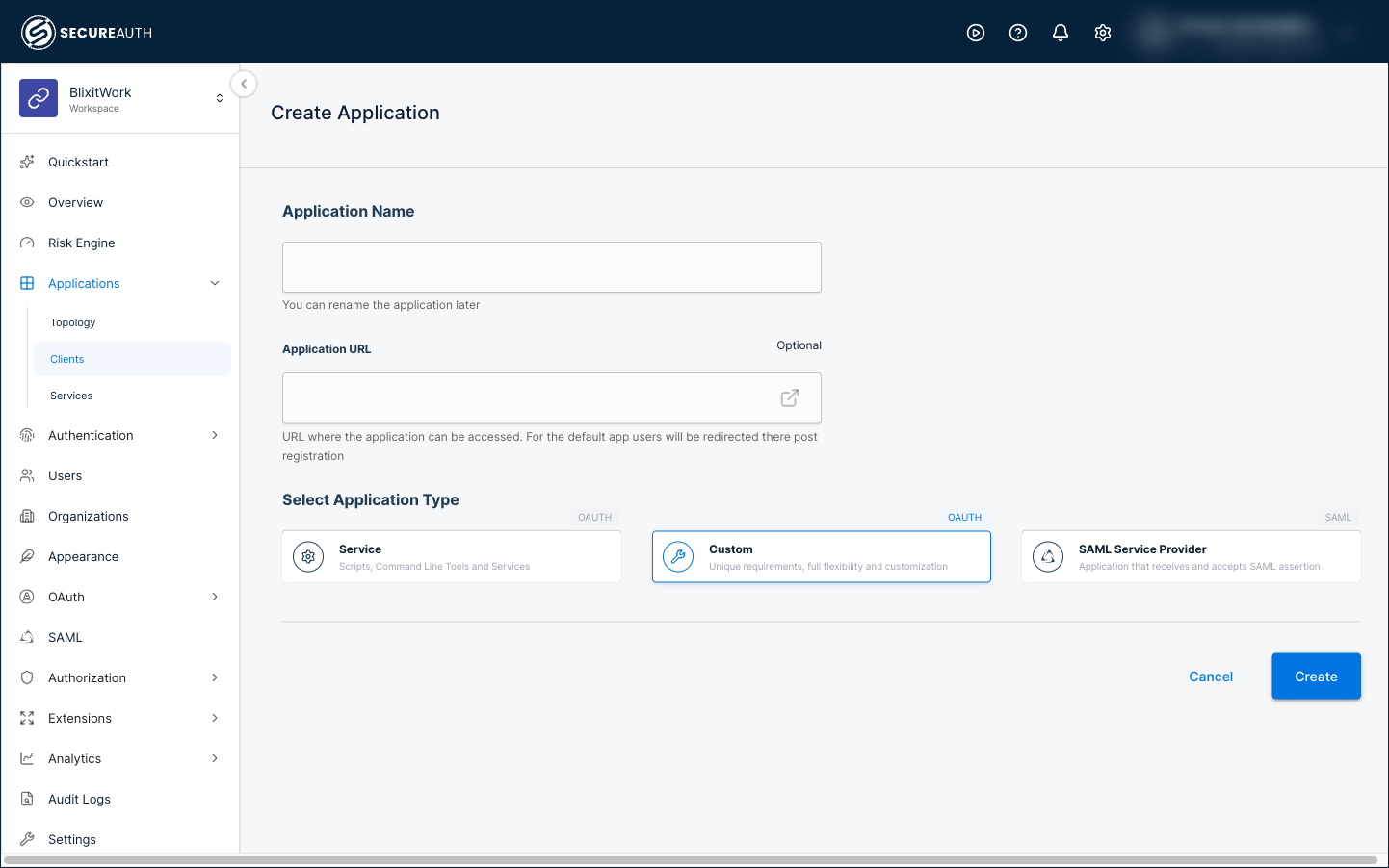 The Create Application page in a B2B workspace showing the three available types — Service, Custom, and SAML Service Provider — with Custom selected