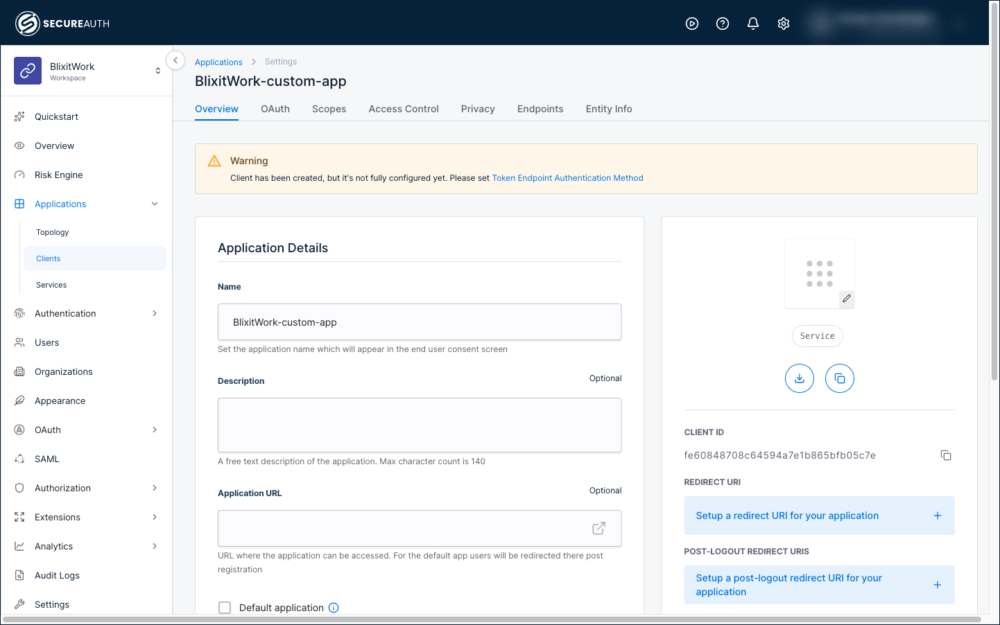 The custom application Overview tab showing a warning to set the token endpoint authentication method, the Application Details form, and the configuration panel with the Client ID and redirect URI setup links