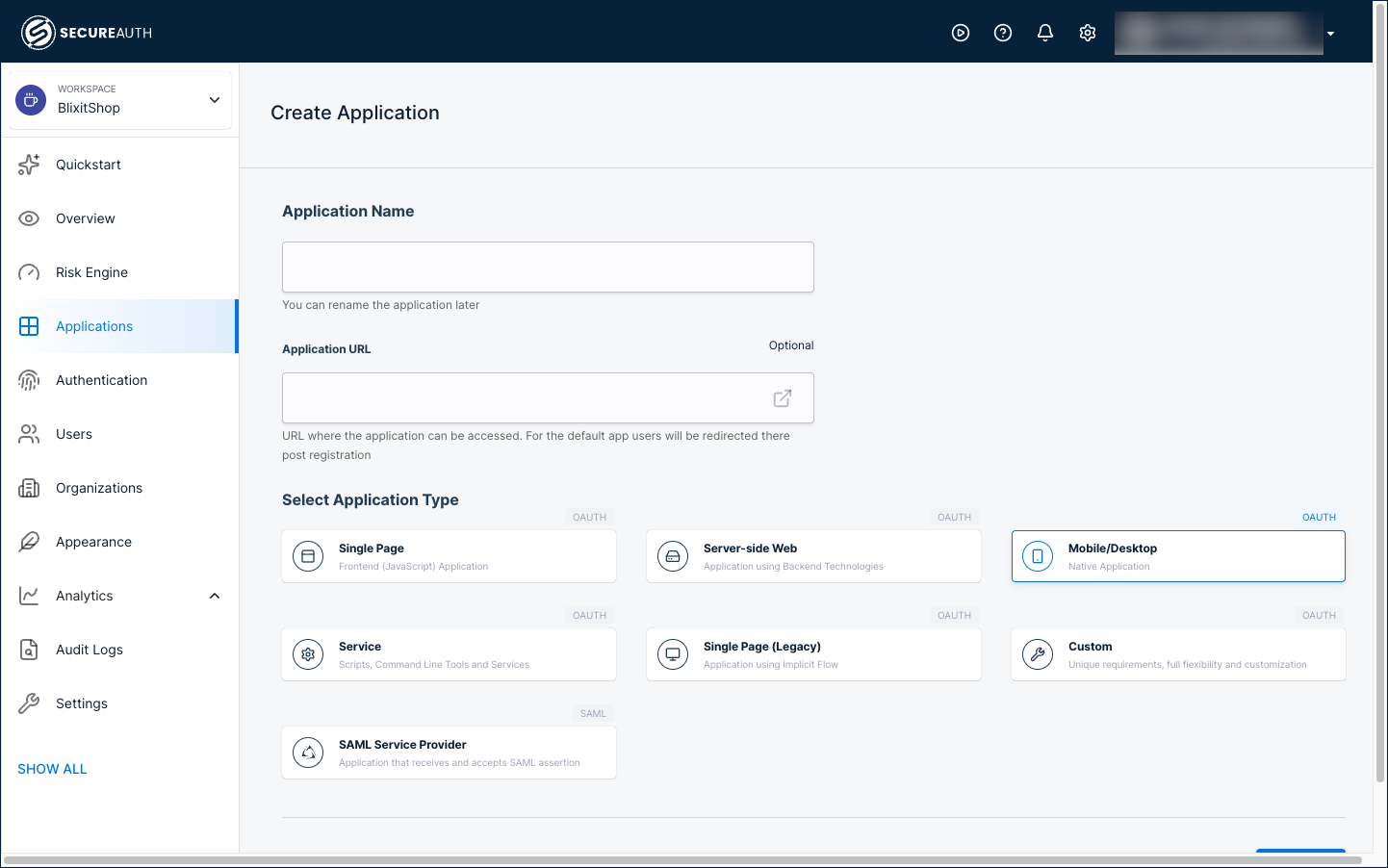 The Create Application form with Application Name, Application URL, and Select Application Type fields. Mobile/Desktop is selected.